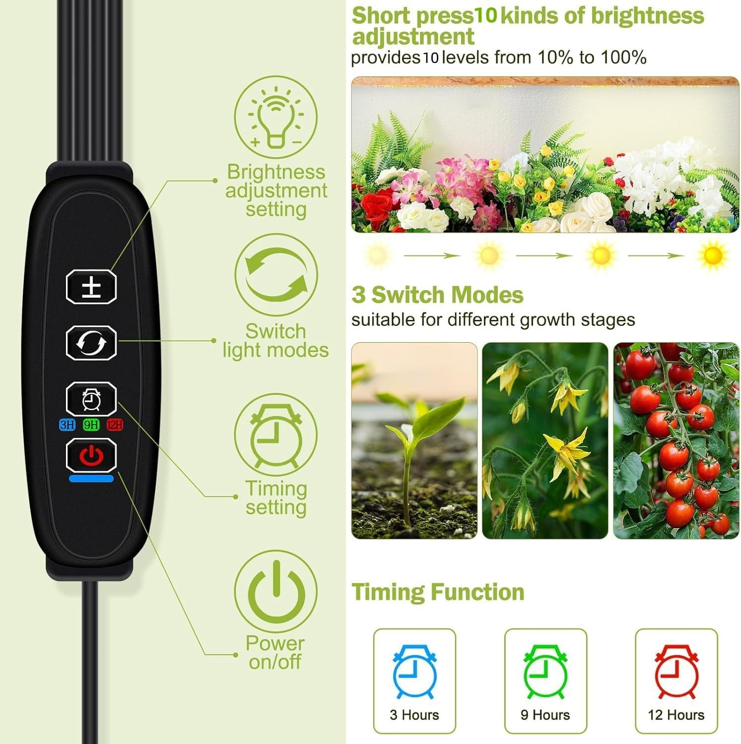 Plant Grow Light, Full Spectrum Grow Light for Indoor Plants, 405 Leds Growing Lamp with Auto On/Off Timer 3/9/12H, 3 Lighting Modes, 10 Dimmable Levels, Suitable for Plant Growth 3 Pack image number 3