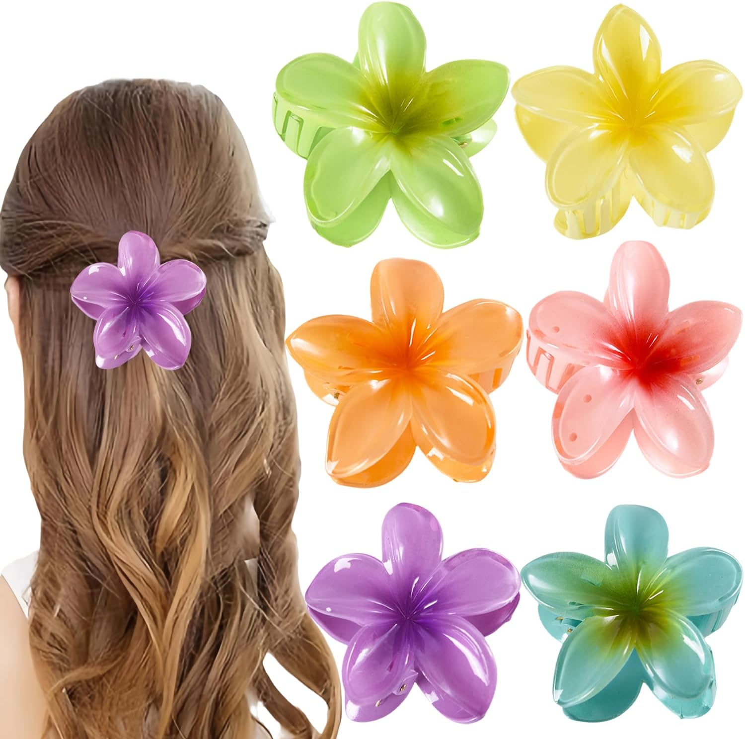6 Colored Flower Hair Clips, Large Hawaiian Flower Barrette, Cute Hair Clips, Flower Hair Clip for Thick/Thin Hair, Gift Hair Accessories for Women image number 3