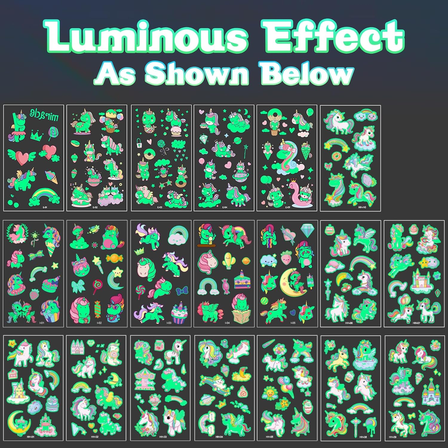 20 Sheets Luminous Temporary Tattoos Kids, Unicorn & Dino Themes Glow Temporary Tattoos Stickers for Girls Boys, Glow Party Supplies Gifts (Unicorn) - Unicorn image number 6