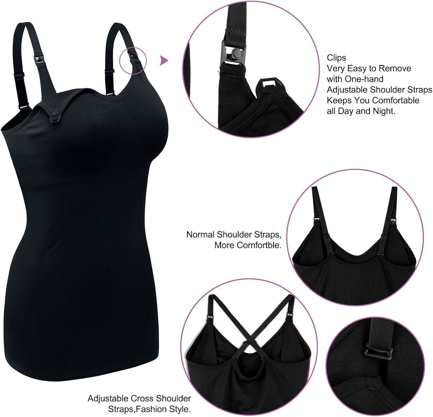 Womens Maternity Nursing Tank Cami for Breastfeeding with Adjustable Straps, Black+Dgrey+White image number 6