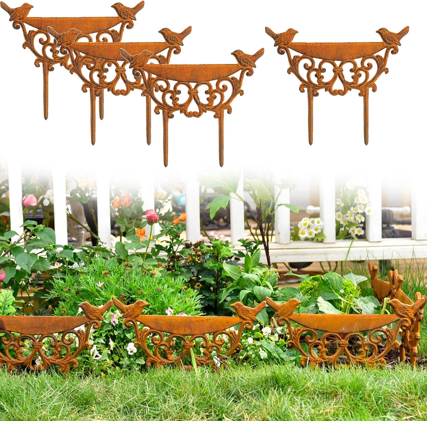 Sungmor Decorative Cast Iron Garden Edging, 4 Pack Rustic White Victorian Garden Edging Landscape Border, Vintage Metal Yard Stake Low Picket Fence, 11.8" Tall Outdoor Flower Bed Lawn Fence Panels