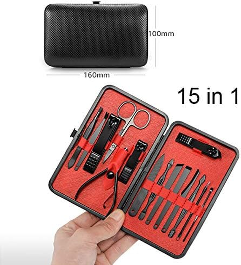 URWOOW 15 in 1 Professional Stainless Steel Nail Clipper Travel & Grooming Kit Nail Tools Manicure & Pedicure Set of 15Pcs with Luxurious Case Black Red image number 1