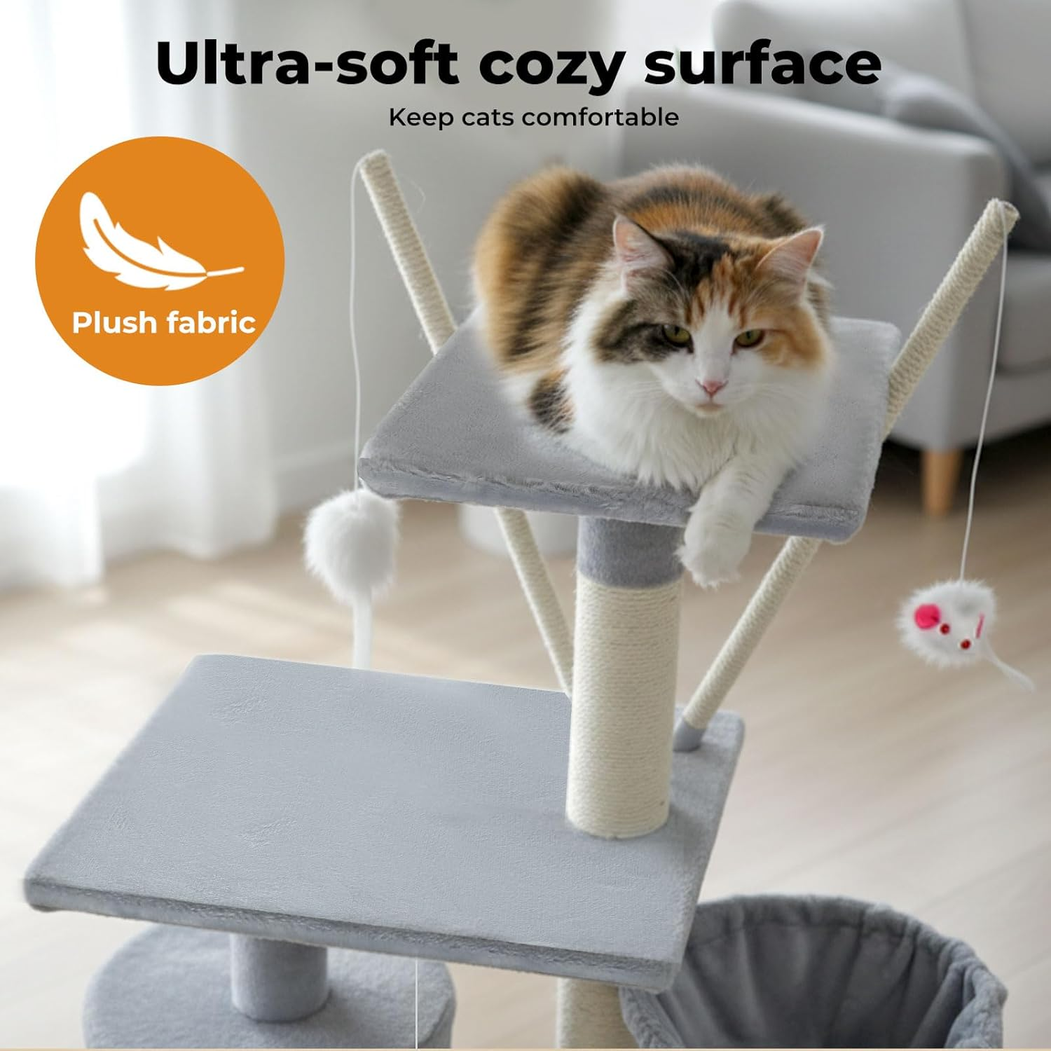 Pawz Cat Tree, 143Cm Cat Scratching Post and Pads, Multi-Level Play Tower, Cat Condo with Padded Plush, Cat Tower with Hammock for Large Cats, Cat Activity Center, Home Pet Furniture Grey image number 4