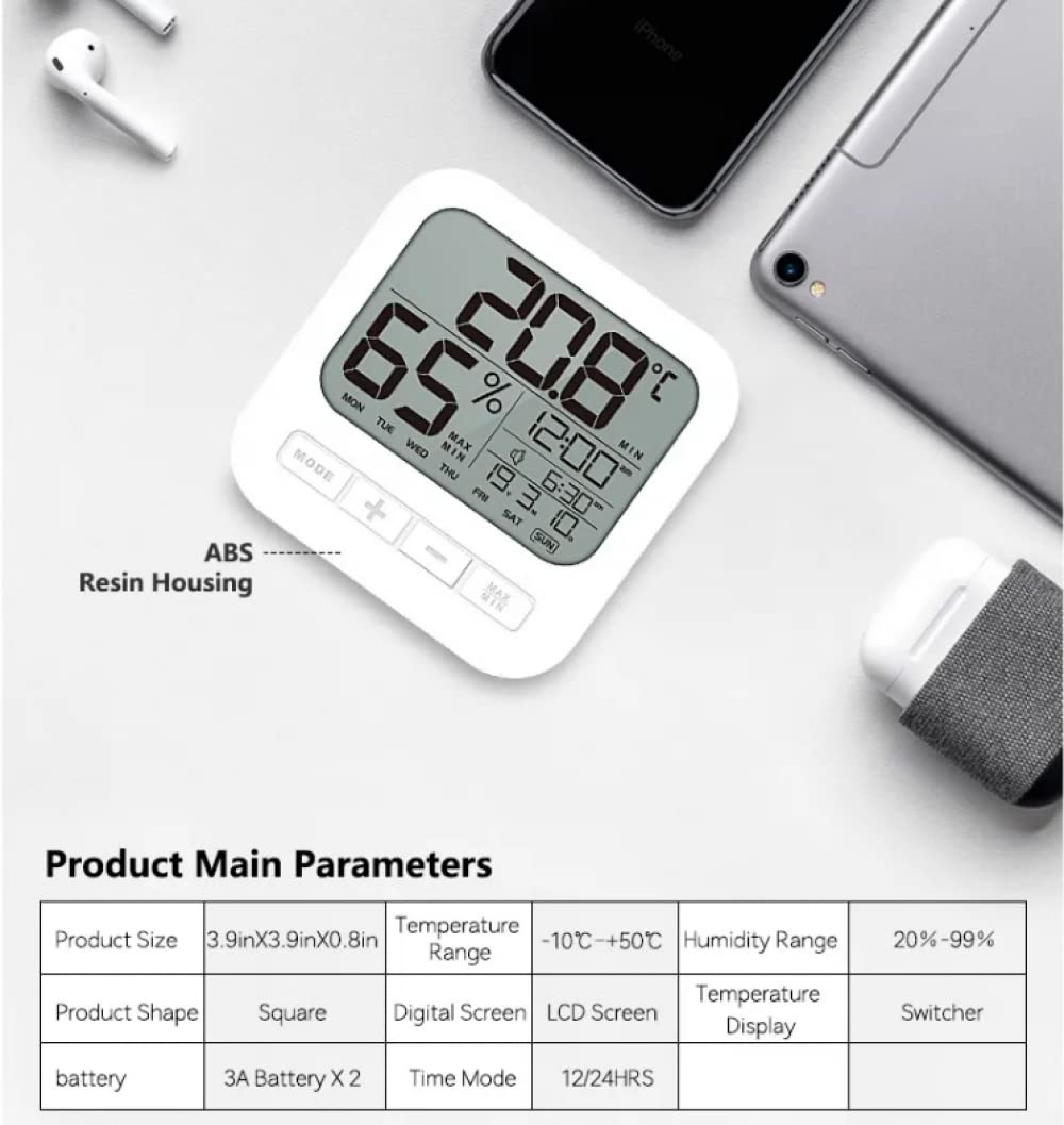 Indoor Digital Thermometer Hygrometer, Accurate Room Temperature Gauge Humidity Monitor with Alarm Clock- Easy to Read, Max/Min Records, LCD Display for Home Office