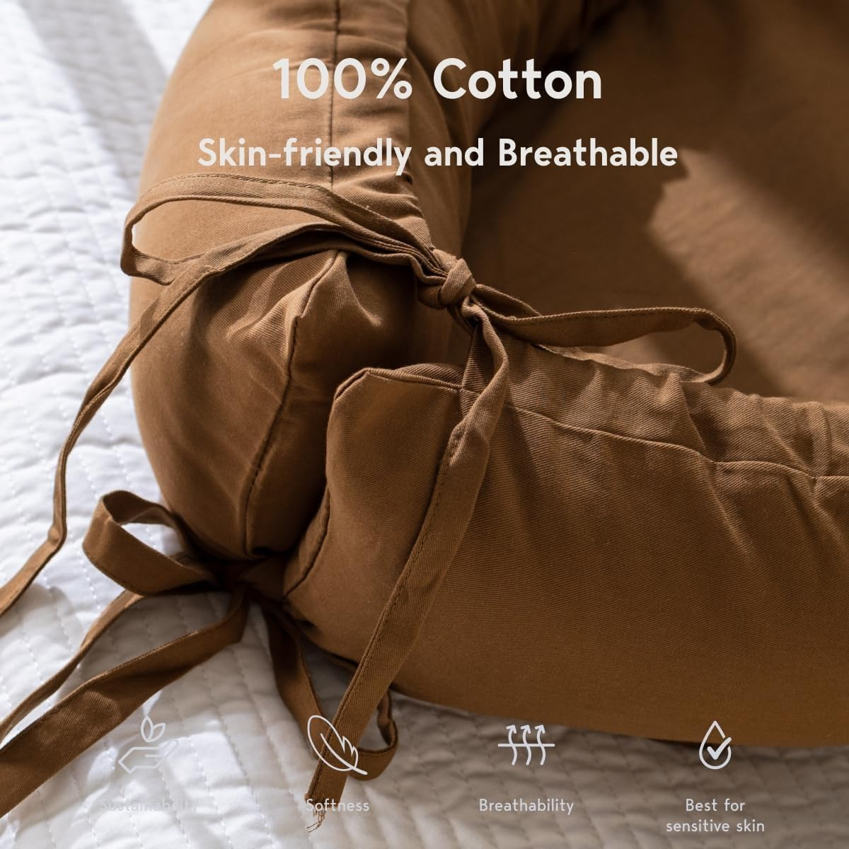 Coocoobaby Infant Lounger, Baby Nest Cover for Baby Girls & Boys, Newborn Essentials for Baby 0-12 Months, 100% Cotton Breathable, Co Sleeper Portable Travel Bed (Goldenbrown) image number 6