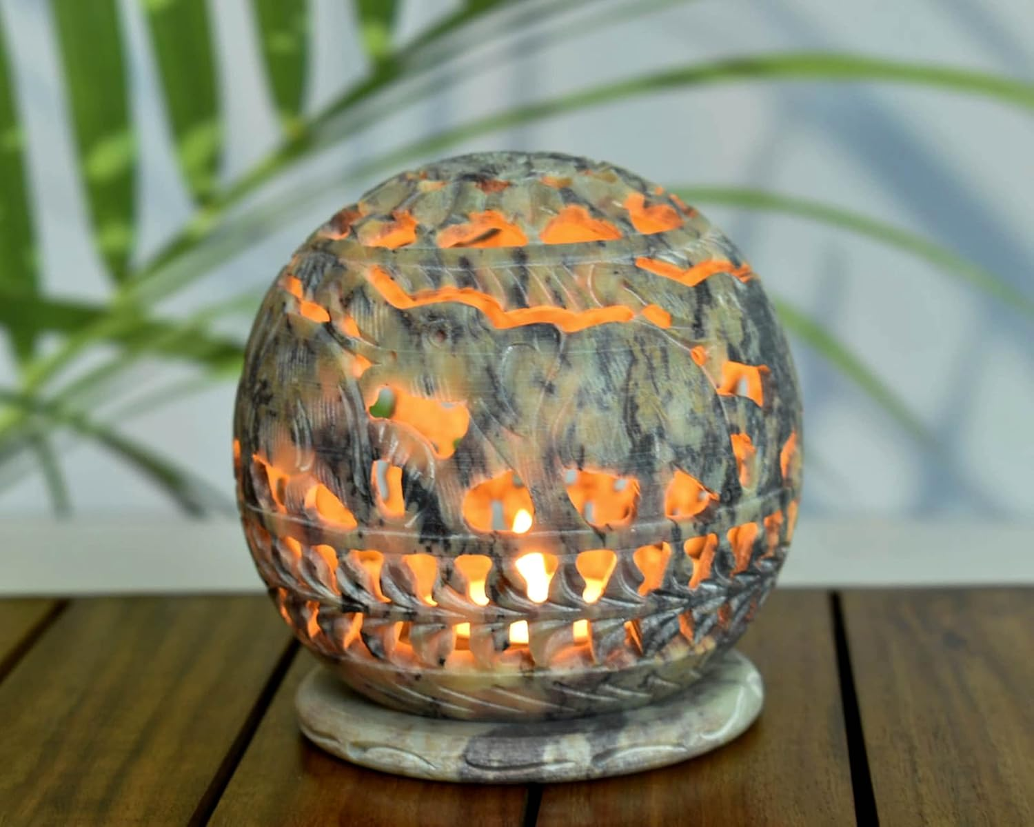 India House Hand-Carved Soapstone Tealight Holder or Incense Burner&ndash; Decorative Rosette Top Votive Candle Lantern for Home, Kitchen, and Office Table Decor &ndash; Ethnic Handmade Accent Token of Love image number 5