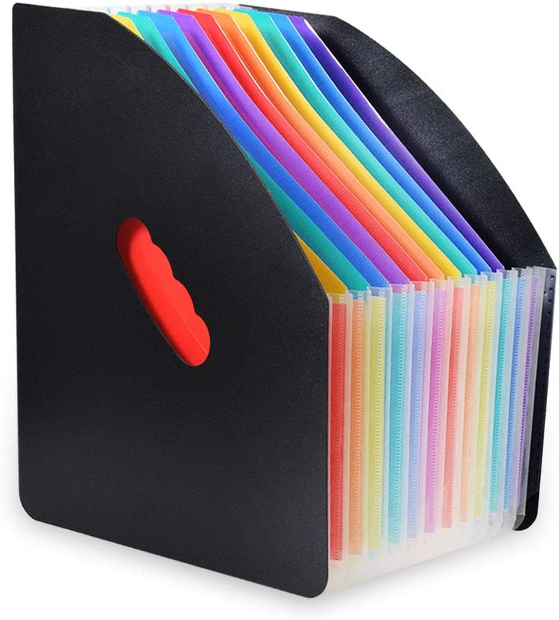 SAYEEC Clearance 24 Pockets Accordion File Organizer Upright Desktop Expandable Magazine Holder A4 Document File Holder Letter Size Stand Organizer Black Cover