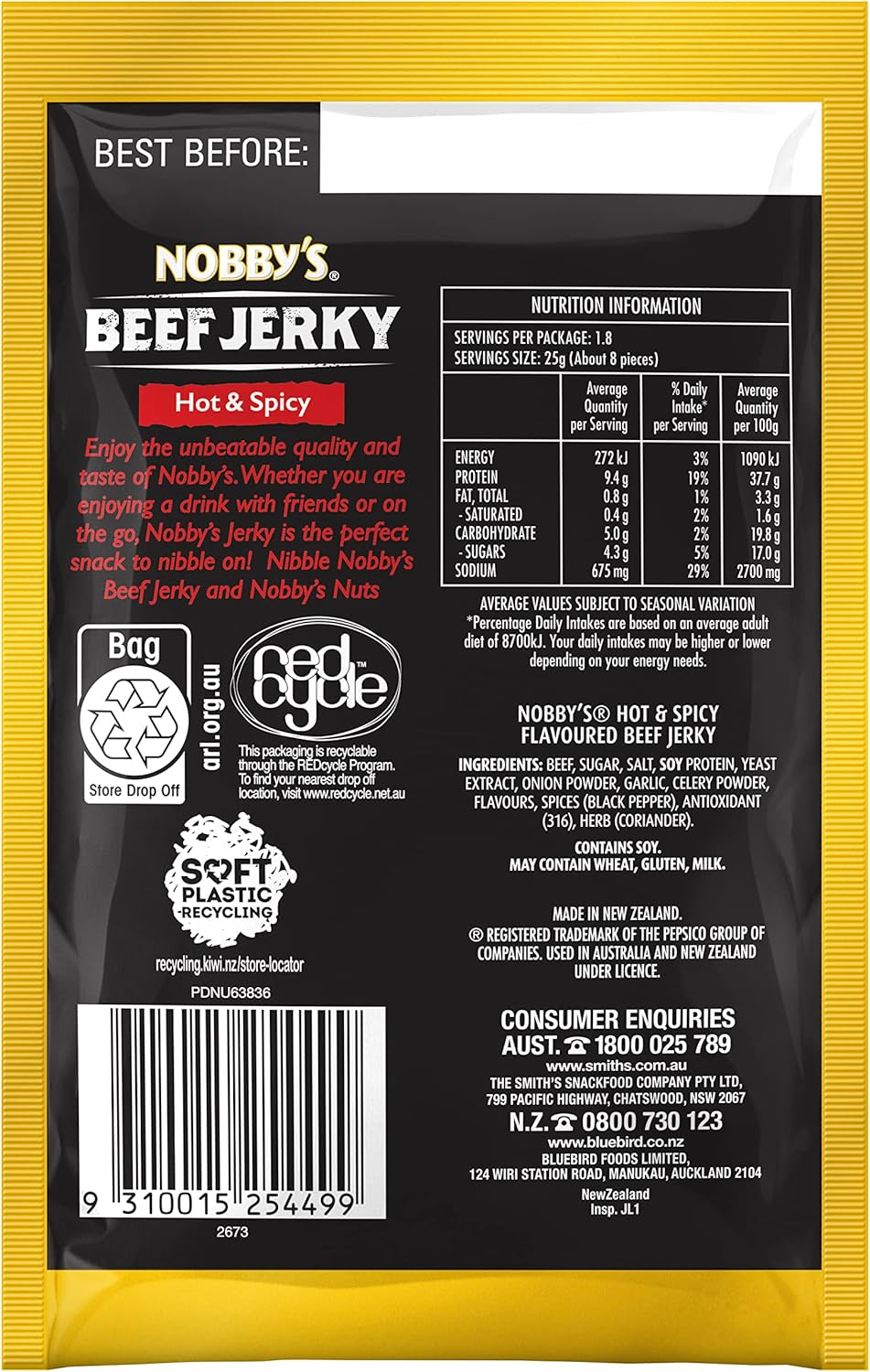Nobby'S Hot and Spicy Beef Jerky 45G
