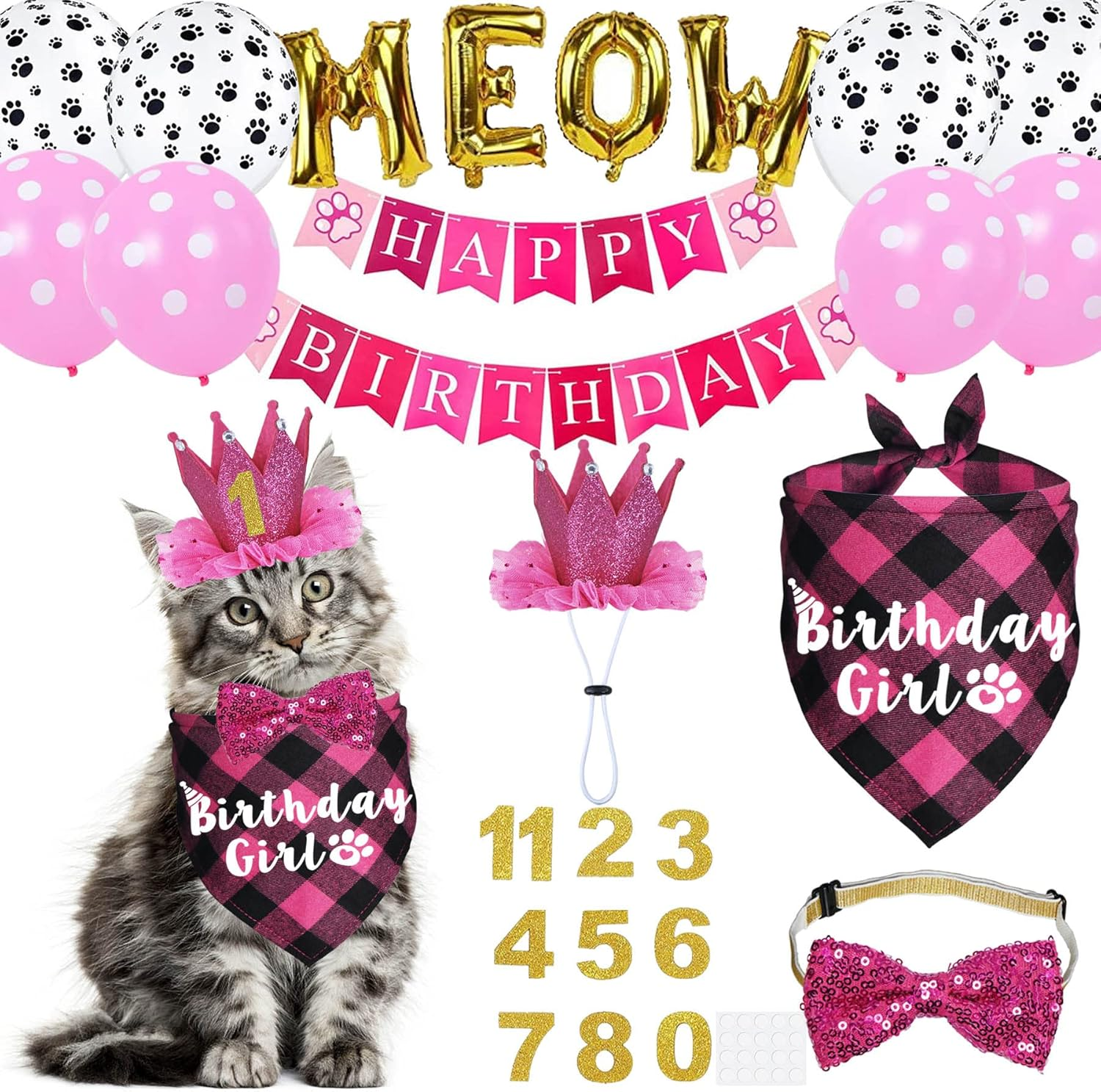 JOTFA Cat Birthday Party Supplies, Cat Birthday Bandana with Cat Birthday Hat Bow Tie Birthday Number Cat Birthday Banner Balloons Meow Letter Balloons for Cat Kitten Birthday Decorations