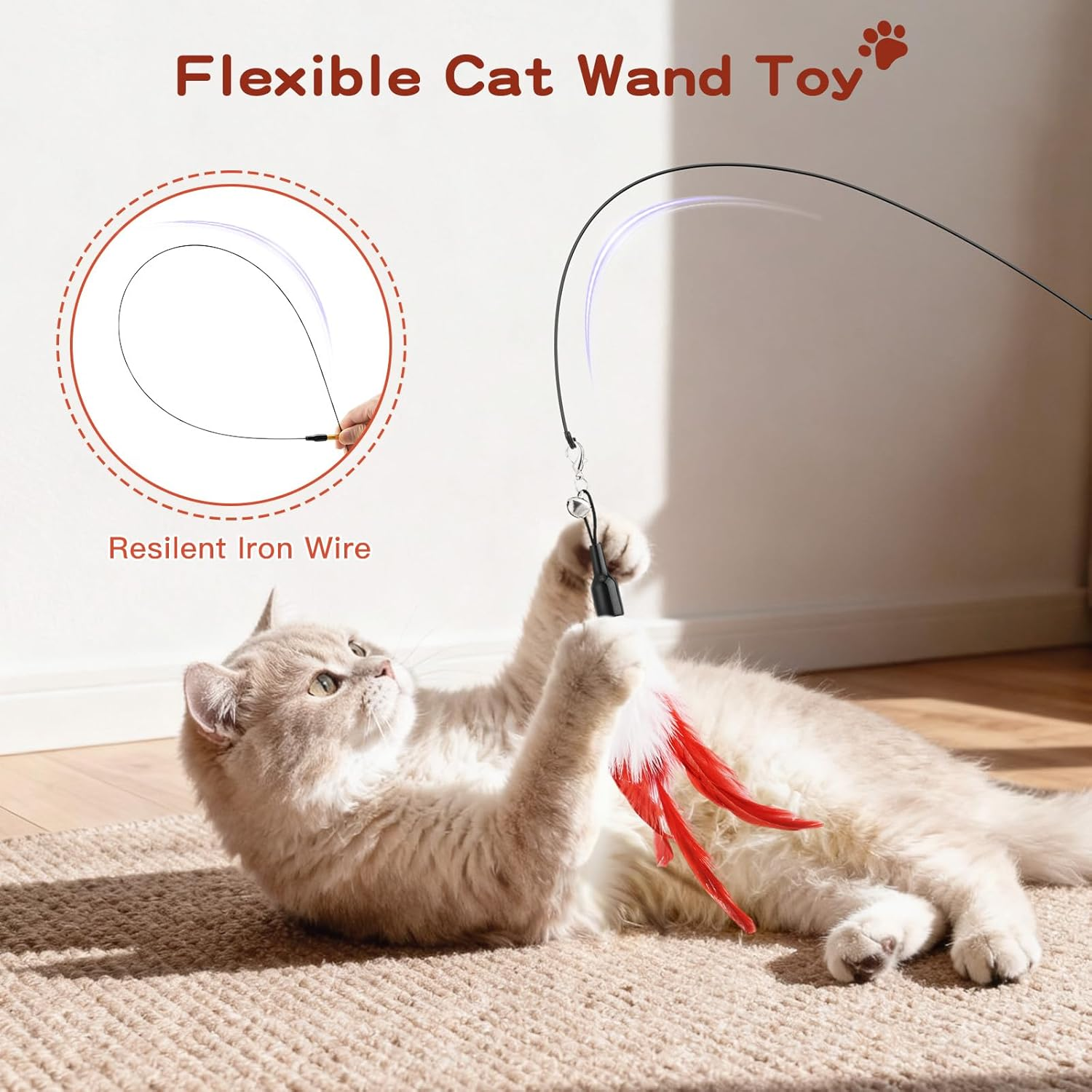 Pawaboo Feather Teaser Cat Toy, Interactive Feather Wand Cat Toy Flying Feather Cat Catcher with Extra Long 31.5" Wand and Small Bell, Exerciser Playing Toy for Kitten or Cat, Wine Red & White Feather image number 6