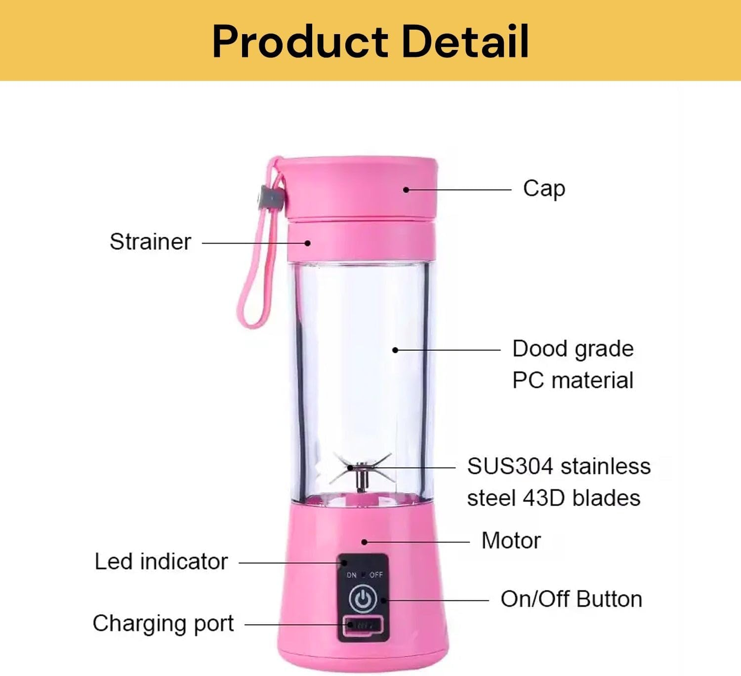 EZONEDEAL Electric USB Rechargeable Juicer Blender for Smoothies, 380Ml Juicer Cup Mini Portable Blender, Smoothie Blender for Shakes Fruit Vegetable Cutter Drink Bottle Kitchen Accessories (Blue) - Pink image number 4