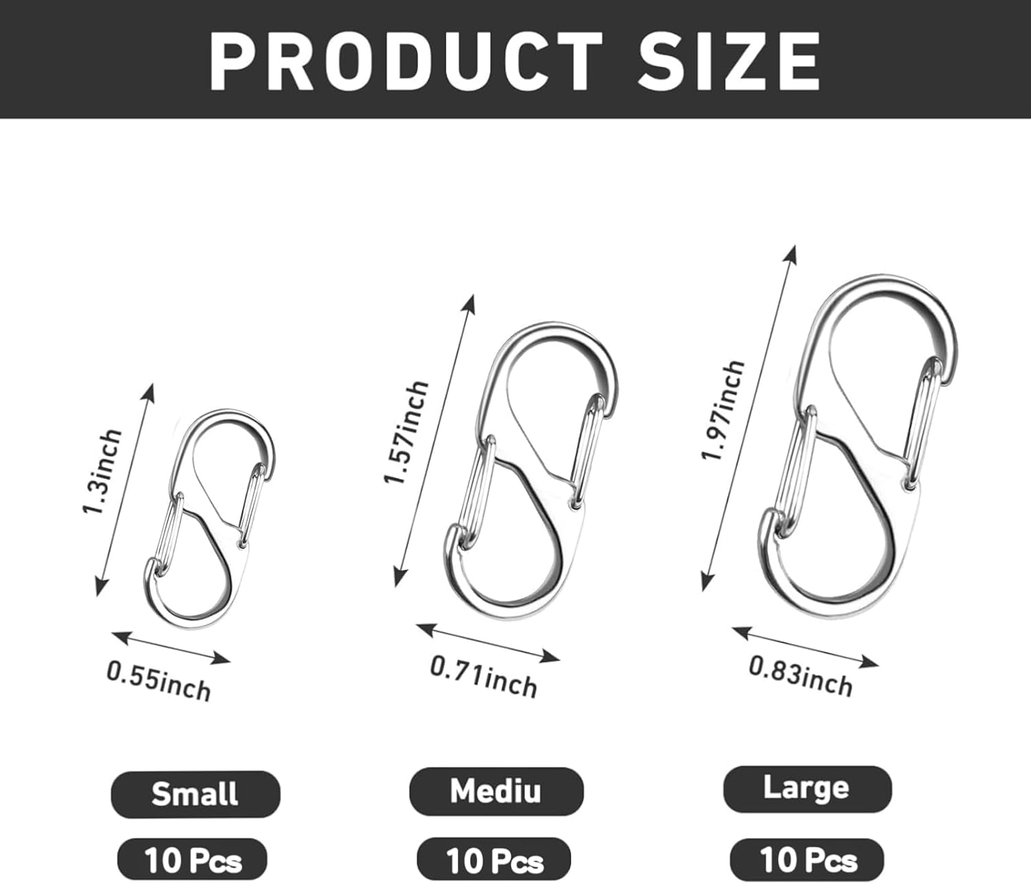 30Pcs Zipper Locks, Dual S Shaped Carabiner Clips, 3 Size Zipper Pull Replacement, Backpack Zipper Pulls Keep Zippers Closed, for Luggage Suitcase, Quick Clip Theft Deterrent (Silvery) image number 6