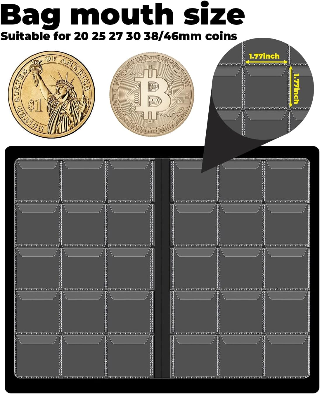 Coin Collection Book Holder Album for Collectors, 10 Pages 150 Pockets 4.5 X 4.5Cm(1.77 X 1.77 Inch) Coin Albums Penny Collecting Book,Coin Storage Album Books for Coin Storage,Money Currency image number 3