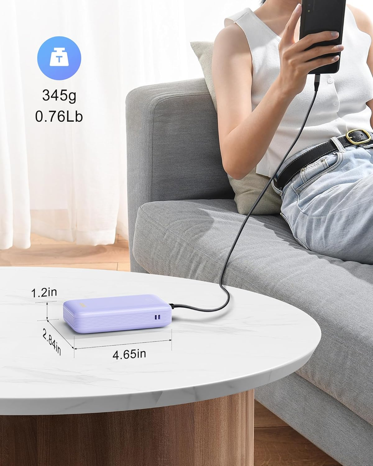 Qecvec Power Bank,Portable Charger 20000Mah with 2 Built-In Cables, 22.5W Fast Charging Battery Pack, LED Display Backup Battery, Travel Battery Pack for Ipad, Iphone Samsung and More (Purple) - Black image number 5