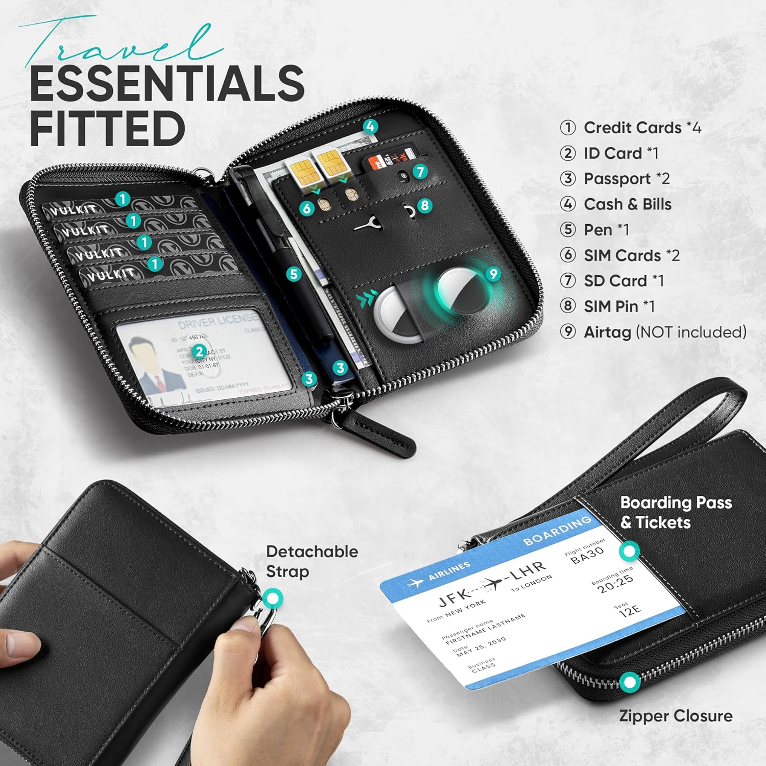 VULKIT Passport Holder for Travel with Airtag Slot, Premium Nappa Leather, RFID Blocking, Zipper Closure with Wrist Strap, Travel Document Organizer - Nappa Black image number 4