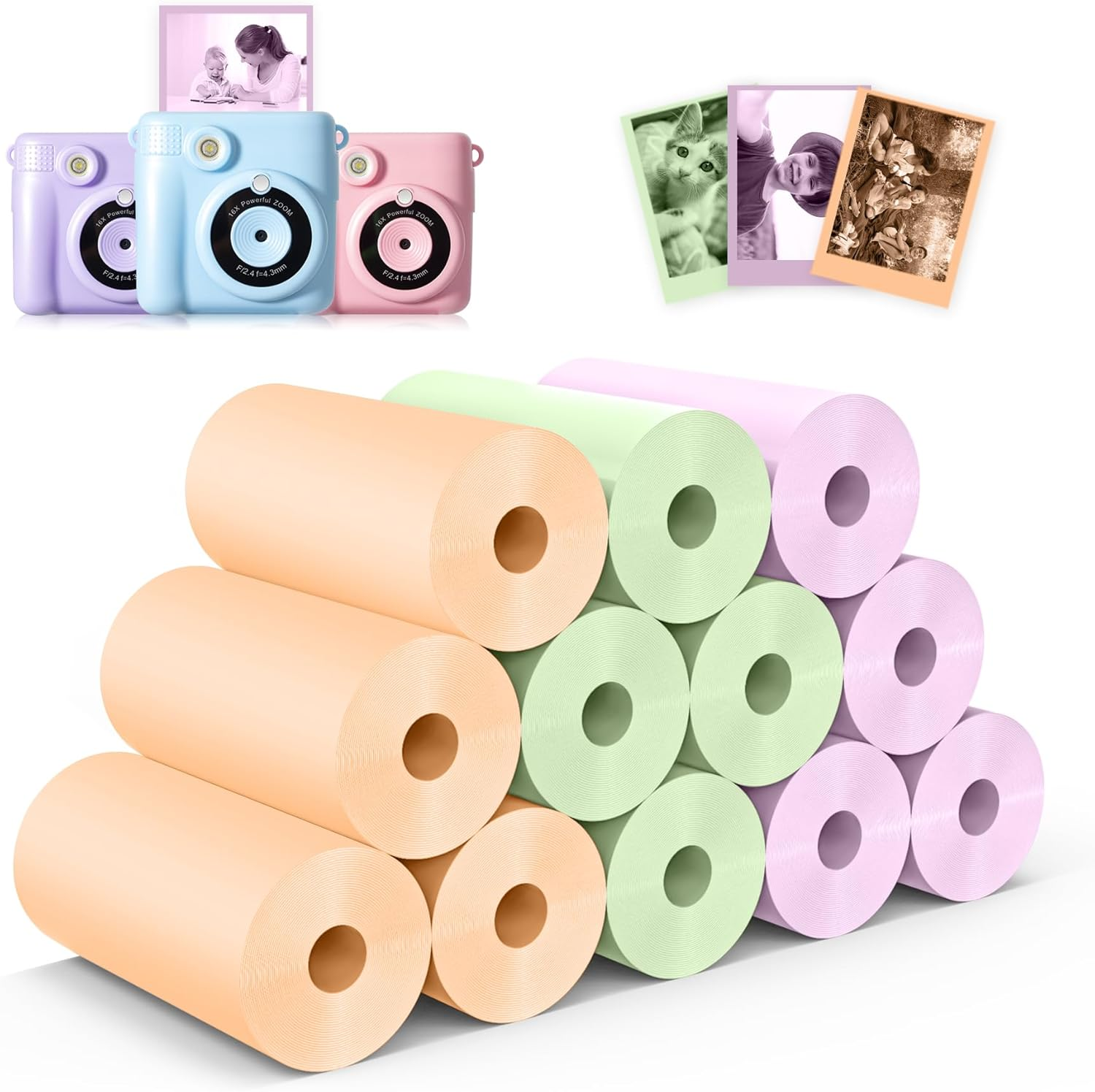 12 Rolls Instant Print Camera for Kids Refill Print Paper - Hikkon Thermal Print Paper Rolls Photo Print HD Printing for Most Kids Instant Camera (White)