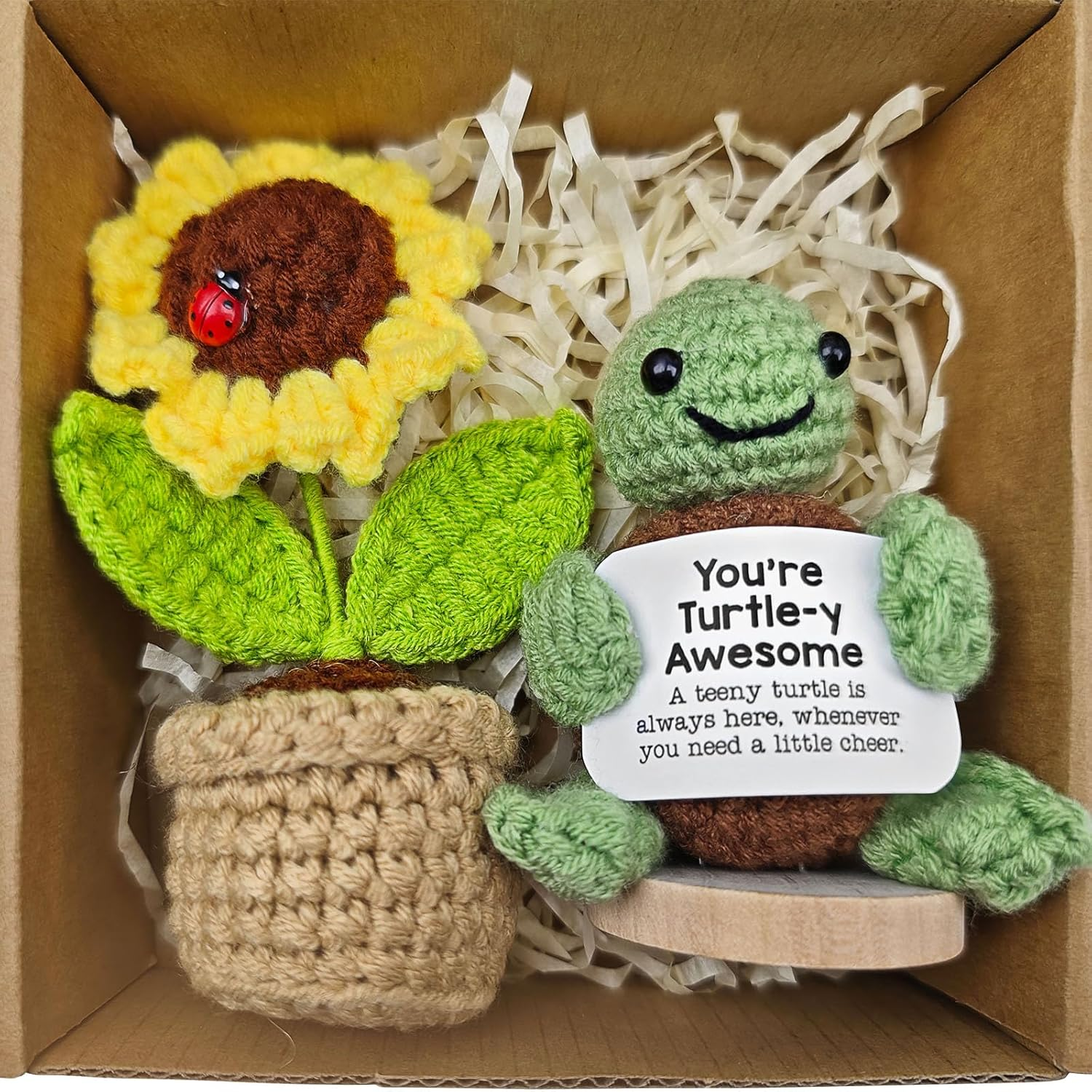Mini Postive Crochet Funny Gift, 2PCS 3 Inch Cute Crochet Sunflower Pot Desk Decoration Toy with Positive Card for Dad Father Women Mom Best Friend Teacher Fall (Sunflower & Turtles) image number 5