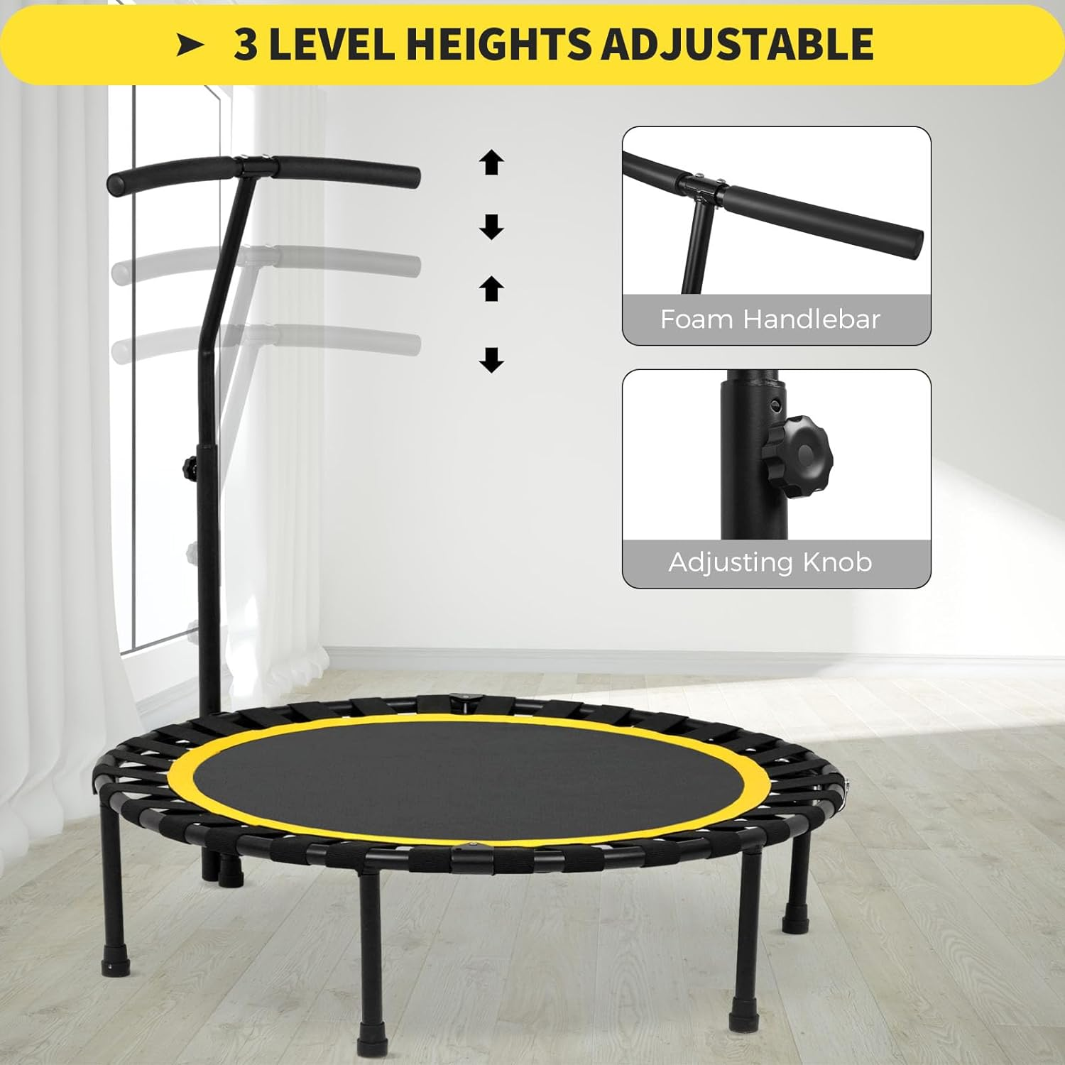 ADVWIN 50 Inch Rebounder Trampoline Fitness Mini Trampolines with T-Shaped Handle for Adults and Kids Indoor/Outdoor Workout Max Load 150KG Yellow/Orange - Yellow image number 3