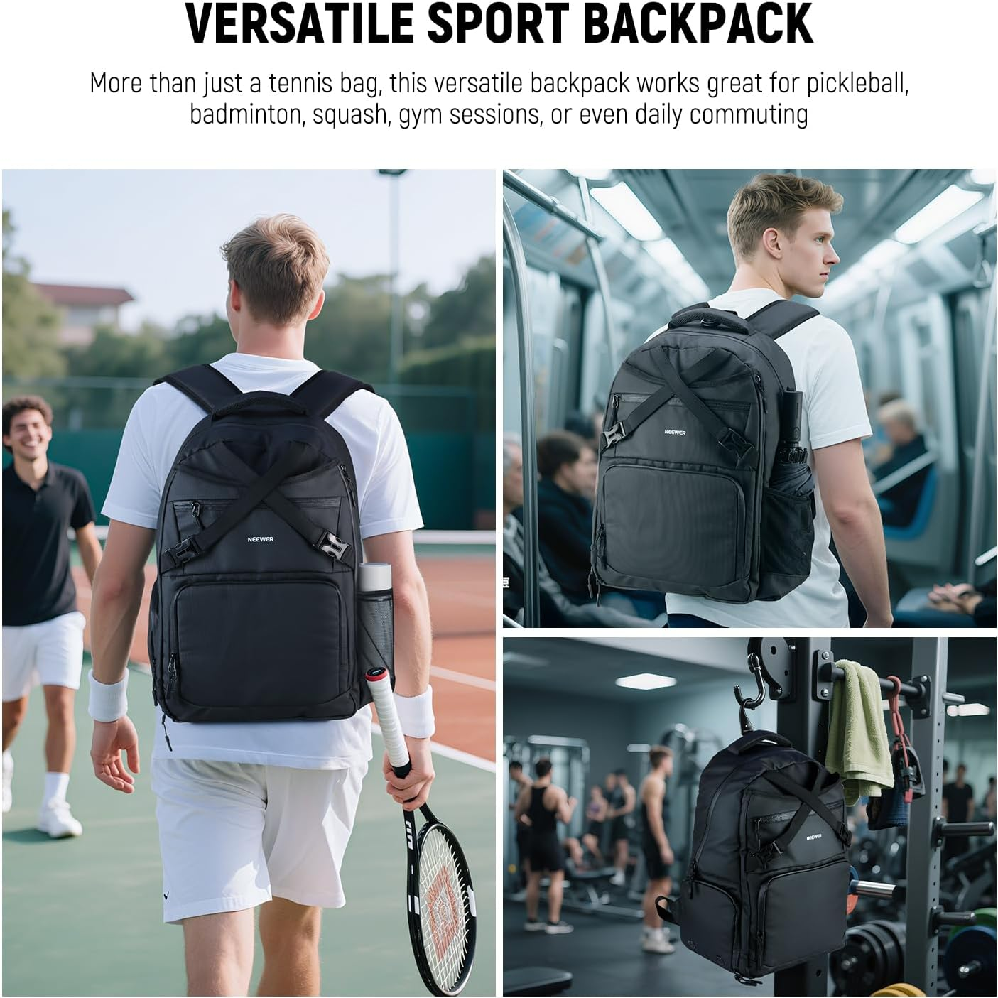 NEEWER Tennis Bag for Men/Women, Hold up to 2 Rackets, Water Resistant 1000D PU Tennis Ball Pickleball Racquetball Backpack with Shoe Compartment, Side Pocket, Accessories Pockets, Fence Hook, TB02B