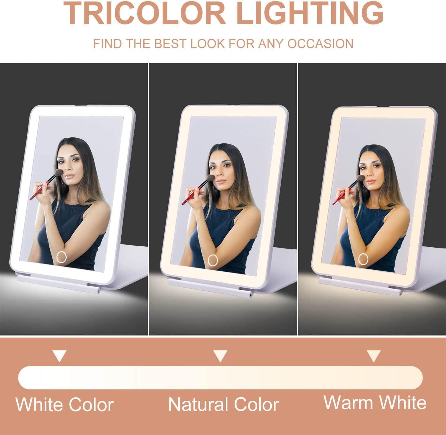 Travel Makeup Mirror with 3 Color Light and 10X Magnifying Mirror, Dimmable Touch Screen, Rechargeable Lighted Makeup Mirror with Cover and a Storage Bag, Portable Foldable (White) image number 5