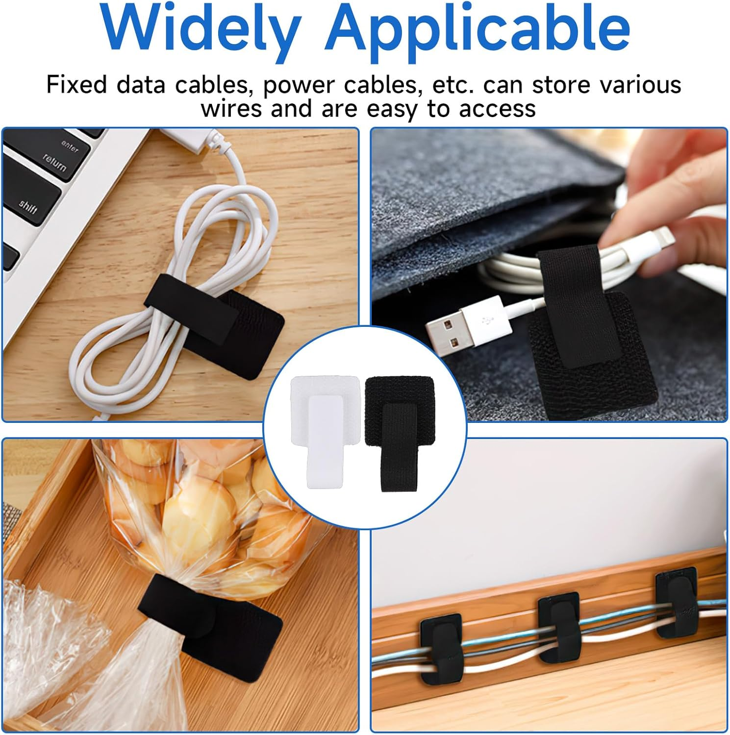 40 Pcs Hook and Loop Velcro Cable Ties - Reusable Strong Adhesive Cord Organizers for Desk/Home/Office - No Residue Heavy Duty Cable Management Straps, Electrical and Wiring (White & Black) - White Black image number 2