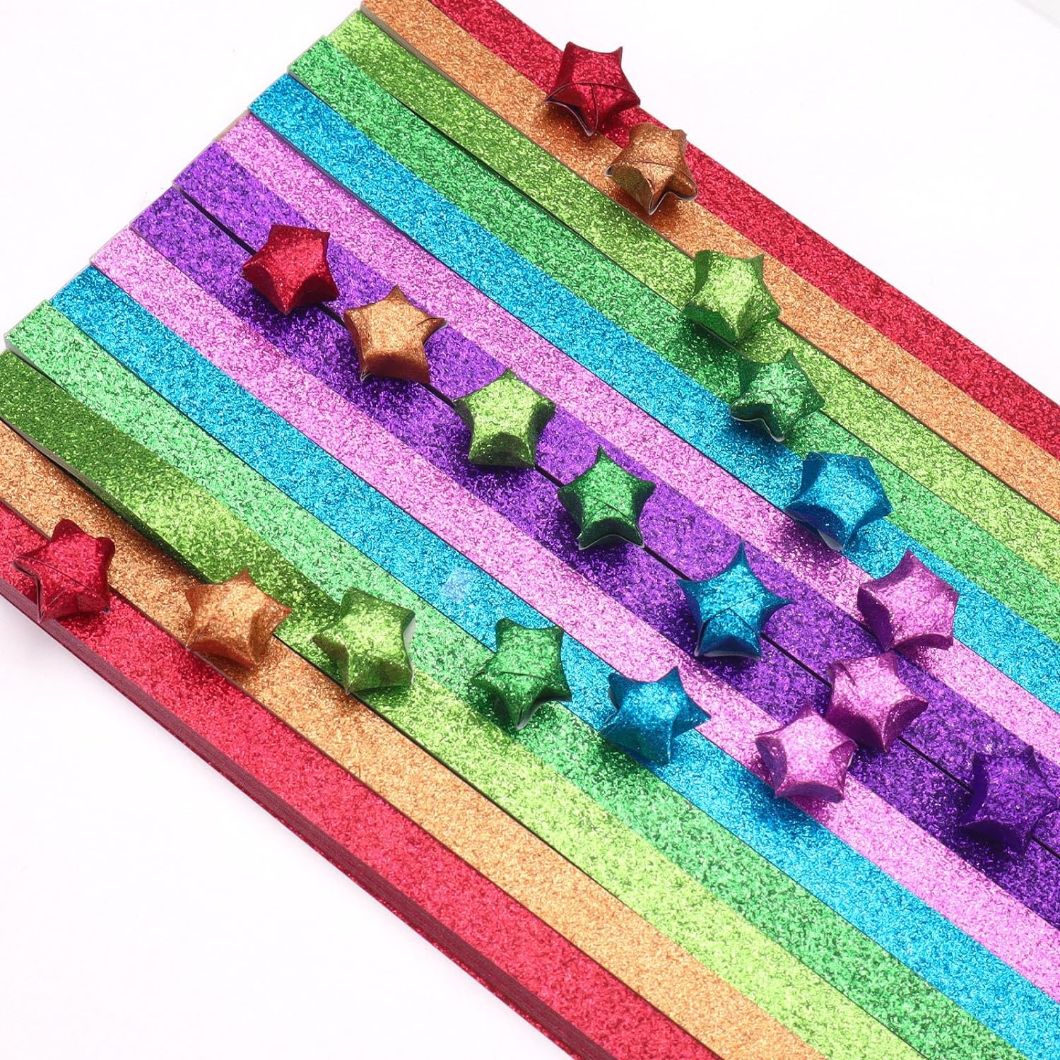 520 Sheets Glitter Origami Star Paper, 7 Colors Single Sided Paper Strips, Colourful Decoration Lucky Star Folding for Art Crafts Gift DIY Supplies image number 1