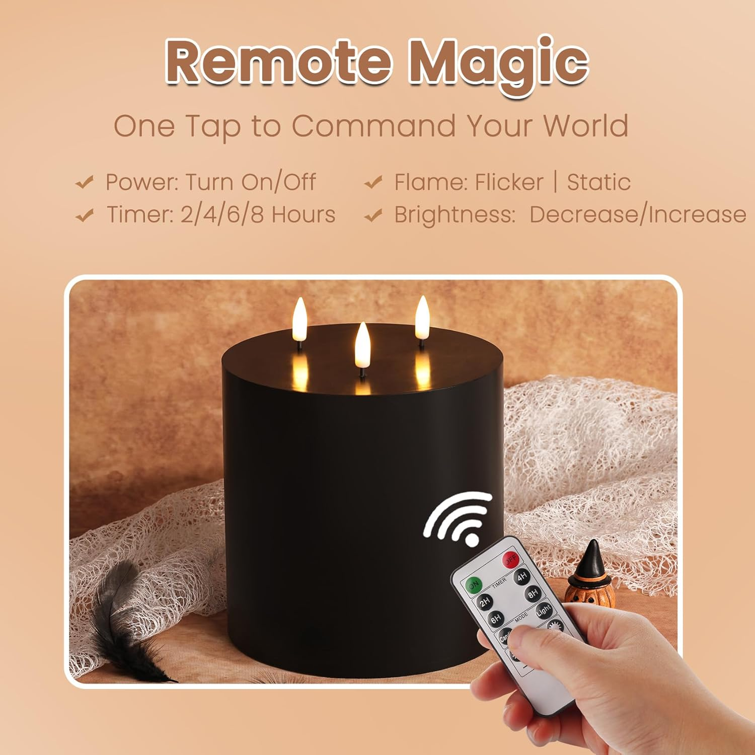 3 Wick Black Flameless Candle with Remote, Large Halloween LED Pillar Candle, Battery Operated Candle 6X6 Inch image number 2