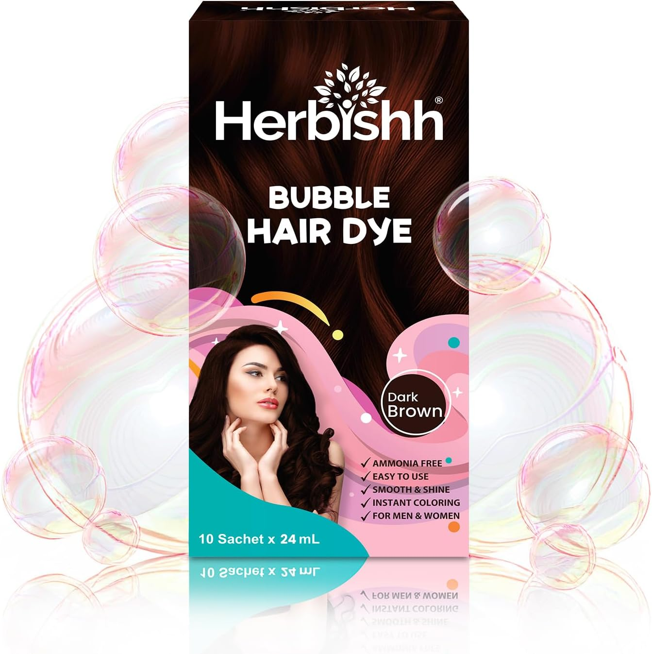 Herbishh Bubble Foam Hair Dye Shampoo, 3 in 1 Dye for 100% Grey Coverage, Permanent Hair Coloring for Men & Women, Long-Lasting & Travel-Friendly, Ammonia-Free, 10 Sachet X 24 Ml (Dark Brown) image number 1