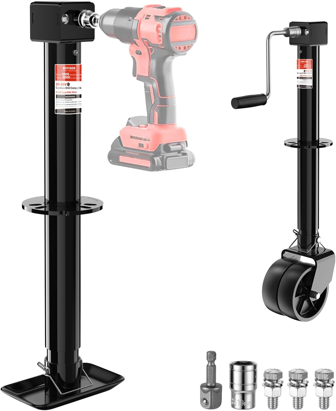 BOYISEN 5000Lbs A-Frame Trailer Jack, Height Adjustable by Power Drill or Handle, Heavy Duty Camper Tongue Jack with 6" Dual Wheel Supports up to 2000 Lbs for Utility Boat Yacht Trailer image number 5