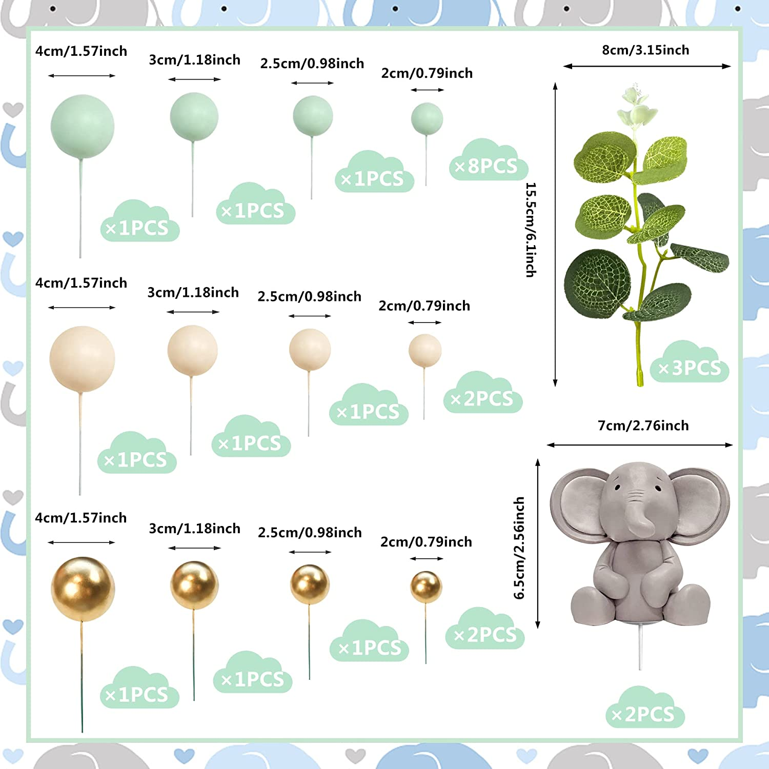 26 PCS Elephant Cake Decoration Cute Baby Elephant Cake Decorations Pearl Balls Cake Picks Eucalyptus Leaves Decoration Elephant Baby Shower Cake Decoration image number 5
