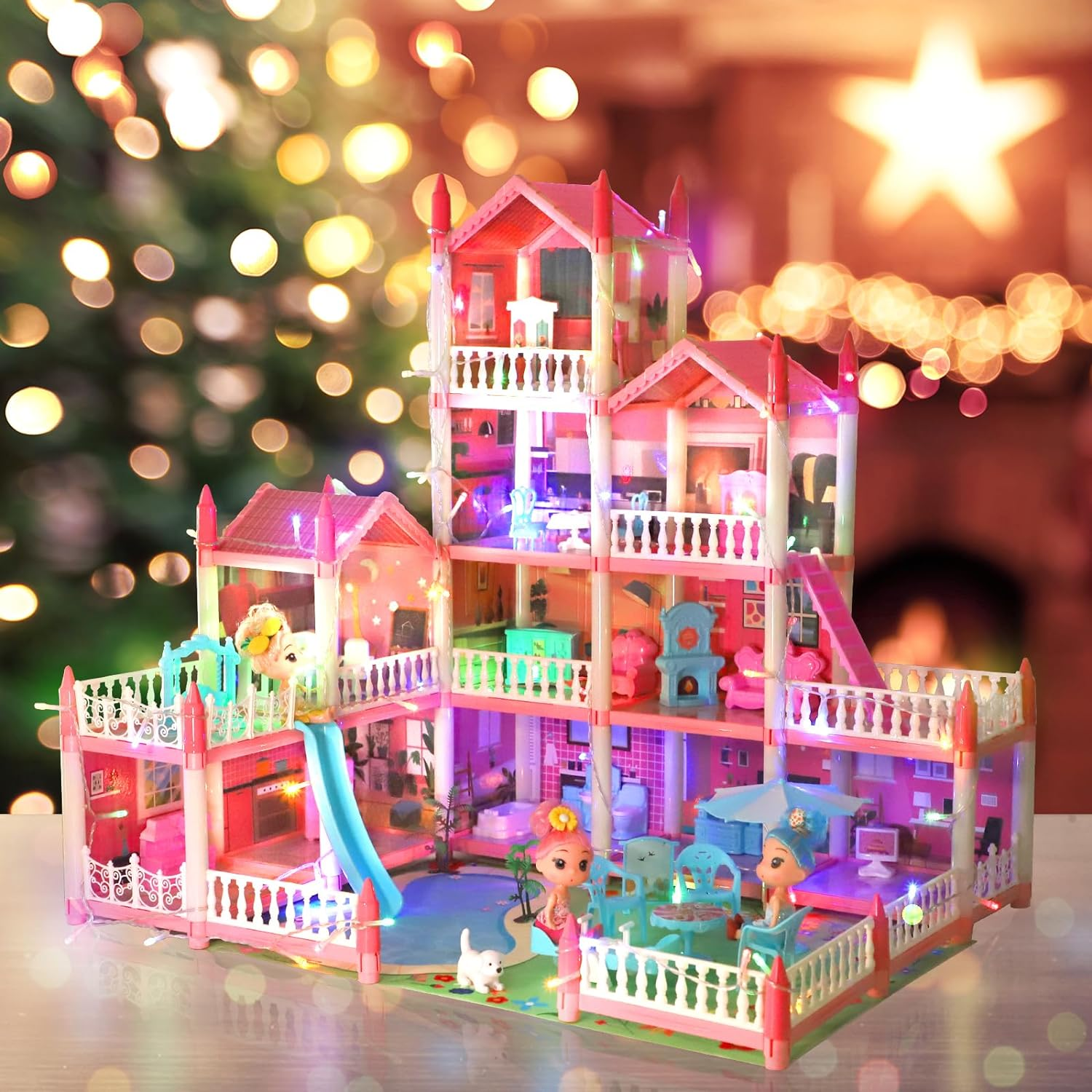 Doll House, 4-Story 11 Rooms Pool Party Dollhouse, Princess House Playset with Furniture, Pink Toddler Play-House Toy for 3 4 5 6 7 8 9 10+ Year Old Girls image number 4