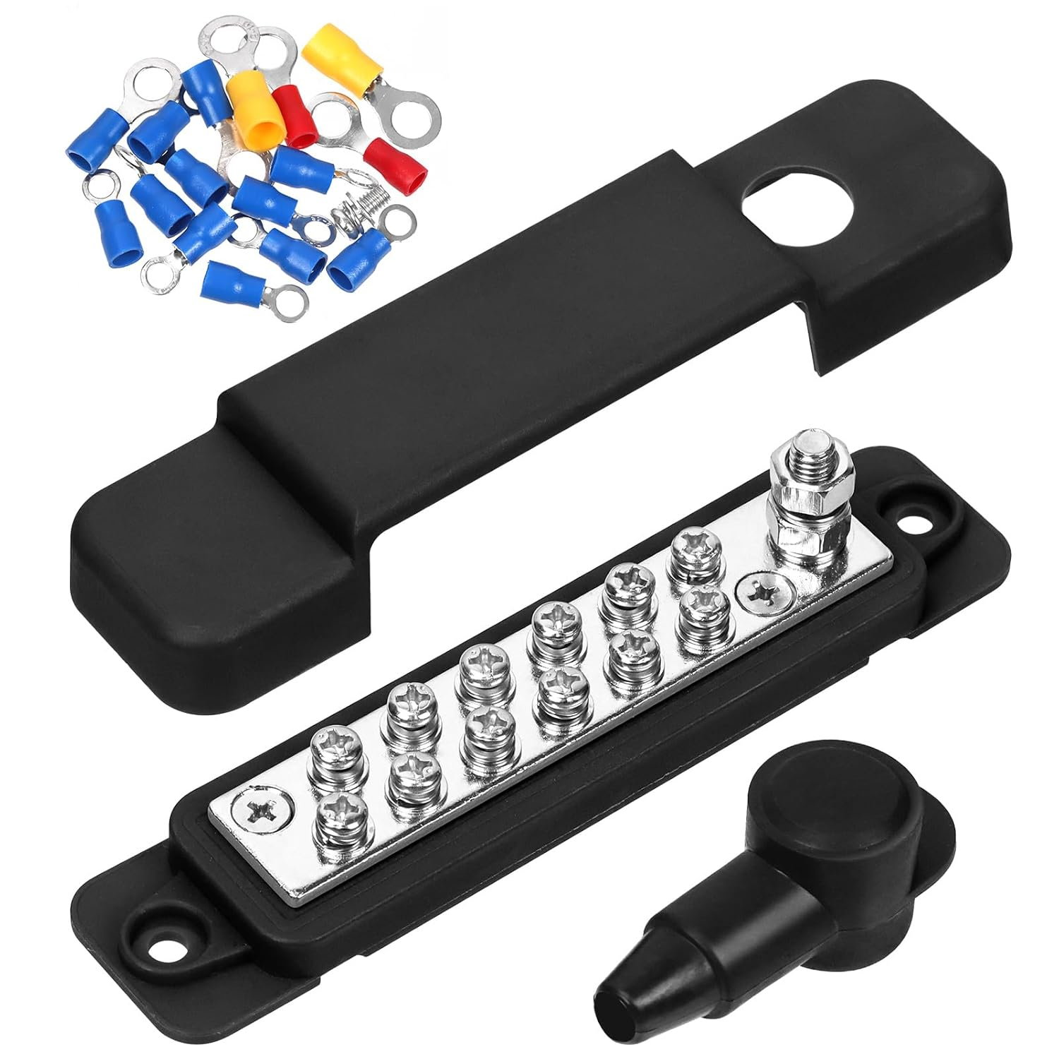 12V Terminal Distribution Block with Ring Terminals Power Distribution Terminal Block, Terminal Parts Battery Busbar for Boat Automotive Car(Black) image number 4