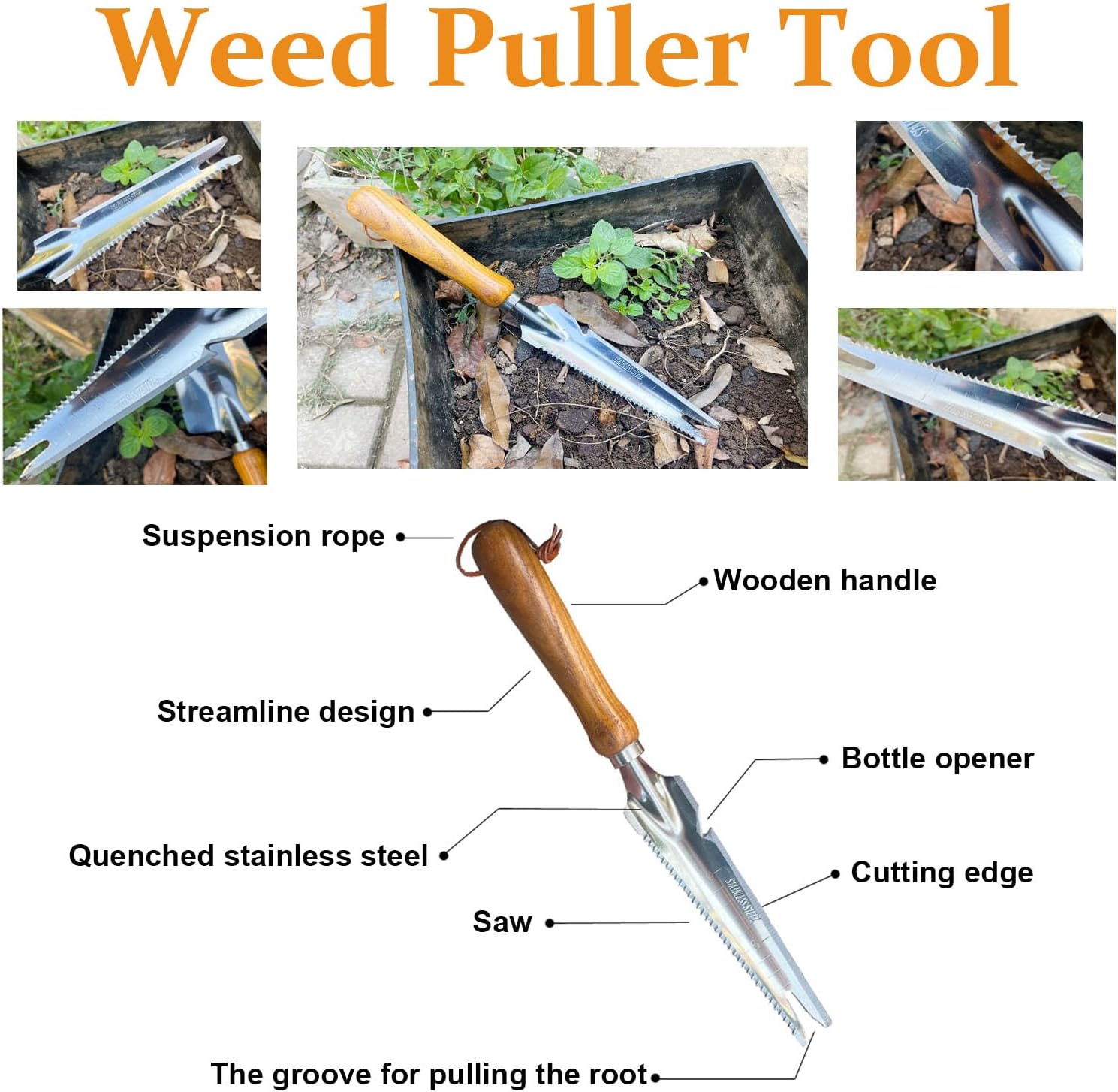 Shgarden Weed Puller Tool 4Pcs Crack Weeder Crevice Weeding Tool Stainless Steel Manual Weeder Paver Multifunctional Garden Crack Hand Weed Remover with Wooden Handle for Lawn Garden SH0082 image number 5