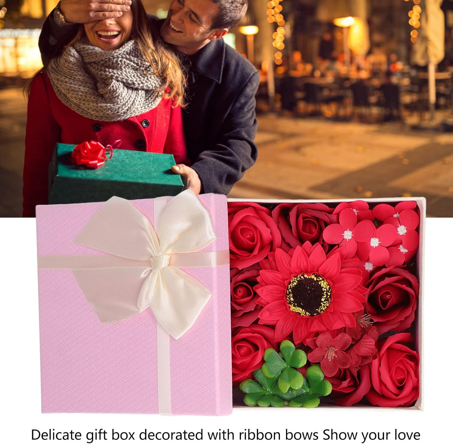 Bath Soap Flower, Flower Soap Gift Box, Simulation Flower Bath Soap Women Exquisite Flower Soap Gift Box for Birthday Valentines Day Christmas (Red) image number 1