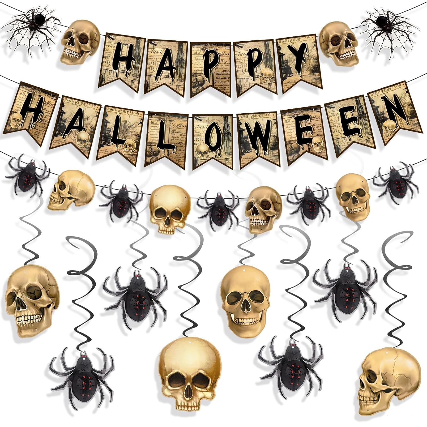 Happy Halloween Banners, Skeleton & Spider Party Supplies, 8Pcs Swirls Indoor Decor, Brown image number 1