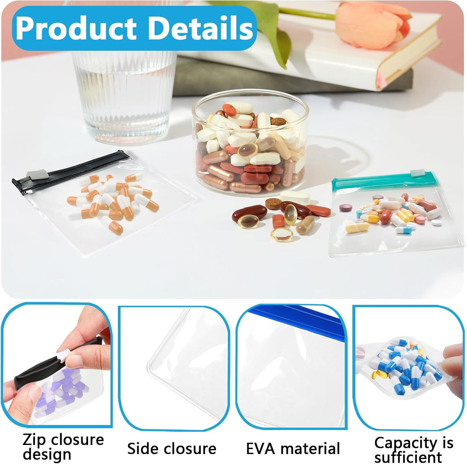 29 Pcs Reusable Zippered Pill Pouch Set, Small Portable Baggies, 27 Plastic Pouches with 32 Labels, Medicine Organizer for Small Items Storage (Colorful) image number 1