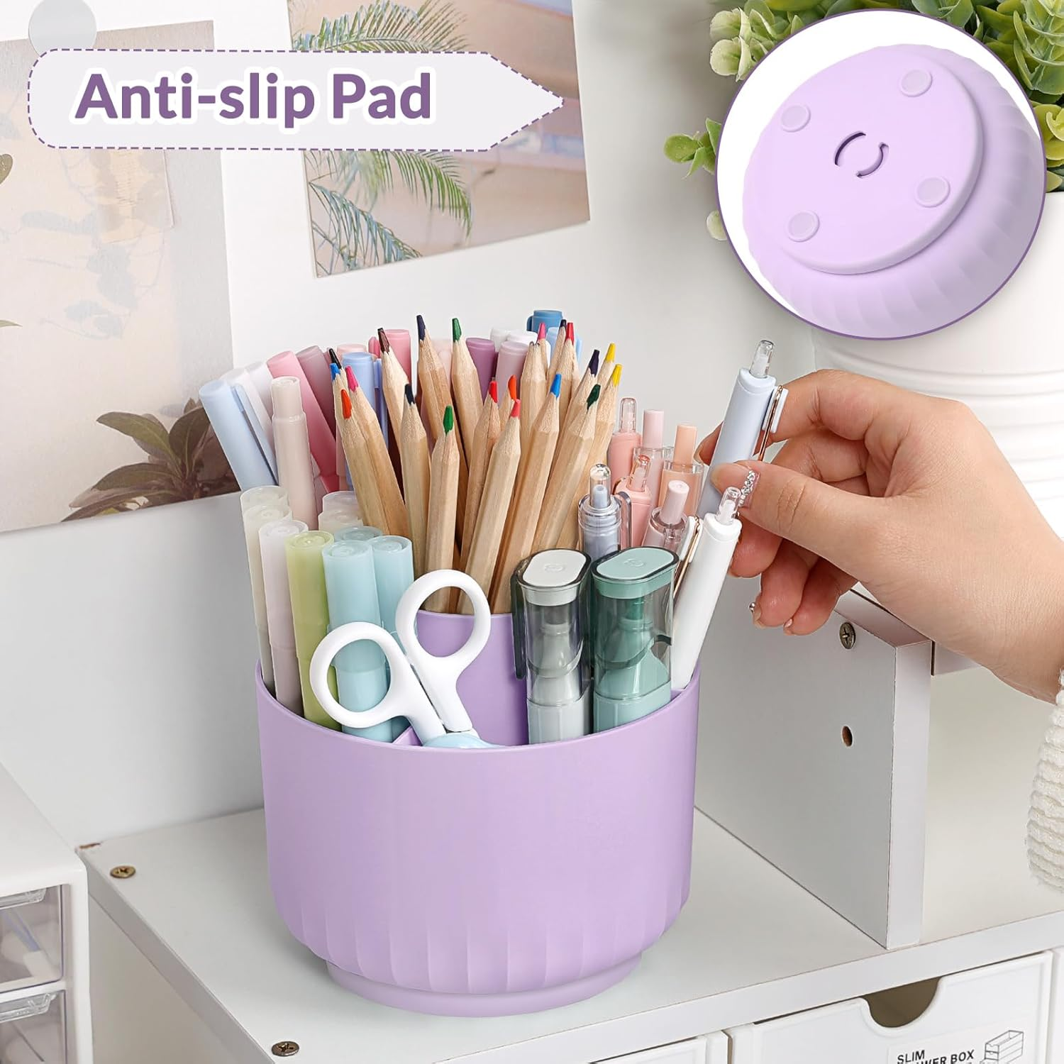 SKYDUE 360 Degree Rotating Desk Organizer, Dual-Purpose Pencil Pen Holder for Desktop, Rotating Desk Pen Organizer with 5 Slots Purple