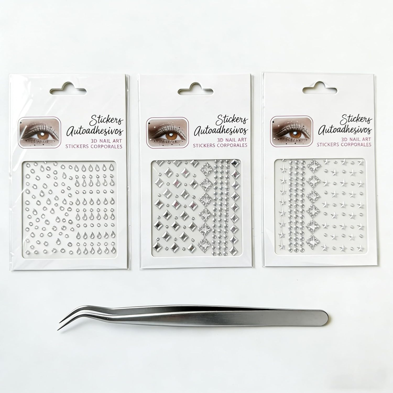 BOROLA 3 Pack Face Gems Rhinestone Stickers Self Adhesive Teardrop, Star & Diamond Shape for Eye Makeup, Face Body Jewels and Nail Art Festival, Stage, Party with Tweezers image number 4