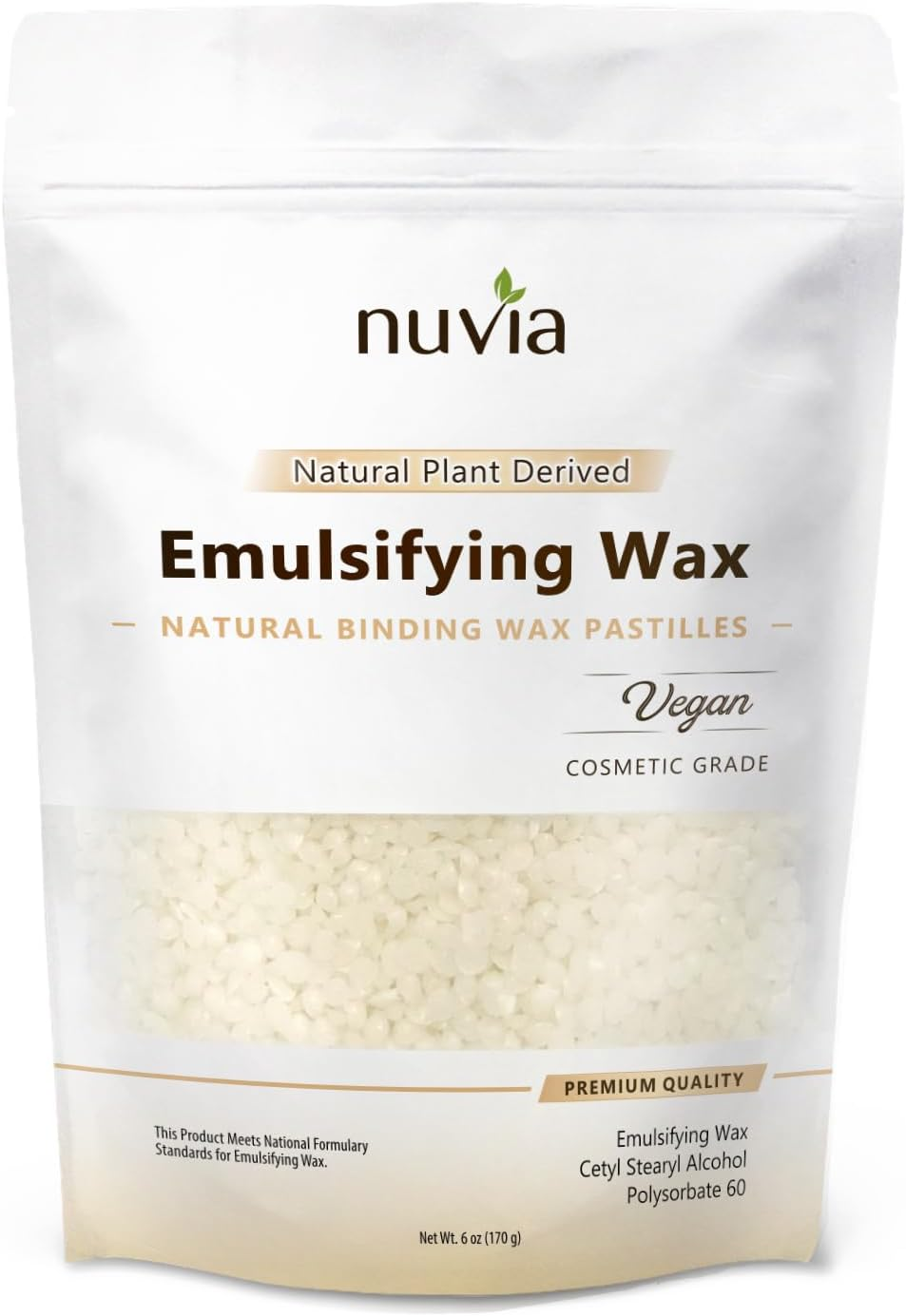 Nuvia Organics Emulsifying Wax, 100% Natural Plant Derived, NF, Cosmetic & Food Grade; 6Oz