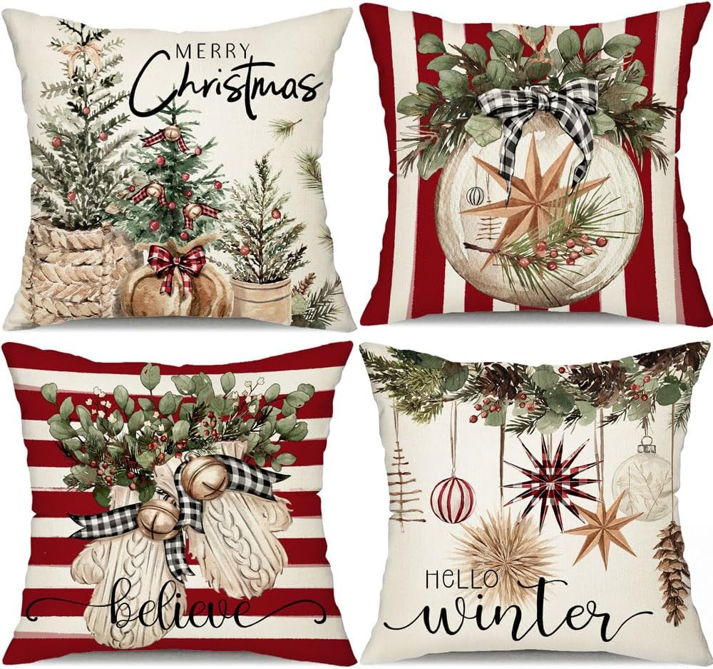 DFXSZ Christmas Pillow Covers 18X18 Inch Set of 4 Christmas Tree Gloves Hello Winter Decorative Throw Pillow Covers Winter Farmhouse Decoration for Home Couch 134