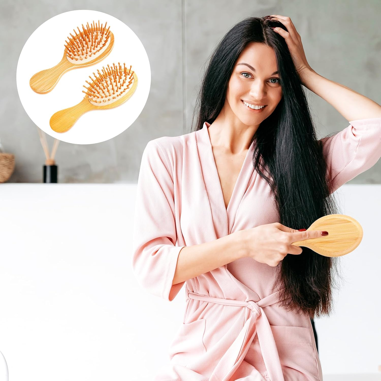 2 PCS Bamboo Hair Brush,Bamboo Brush Mini Hair Brush Anti-Static Travel Brushes for Hair Massage Scalp Detangling Brush Yellow Mini Hairbrush Natural Wooden Pocket Travel Small Hair Brush for All Hair image number 6