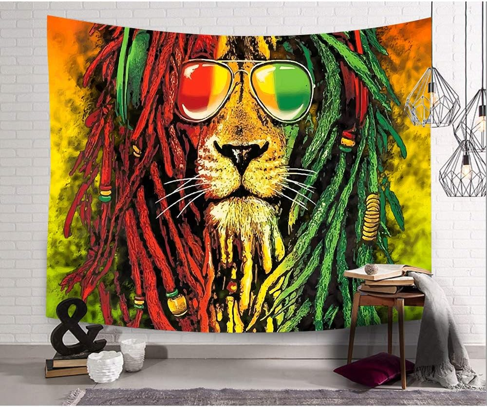 Simsant Rasta Rastafarian Tapestry Lion Head Bob Tapestry Wall Hanging Backdrop for Living Room Bedroom Dorm Psychedelic Decor Tapestry (80"X60") image number 1