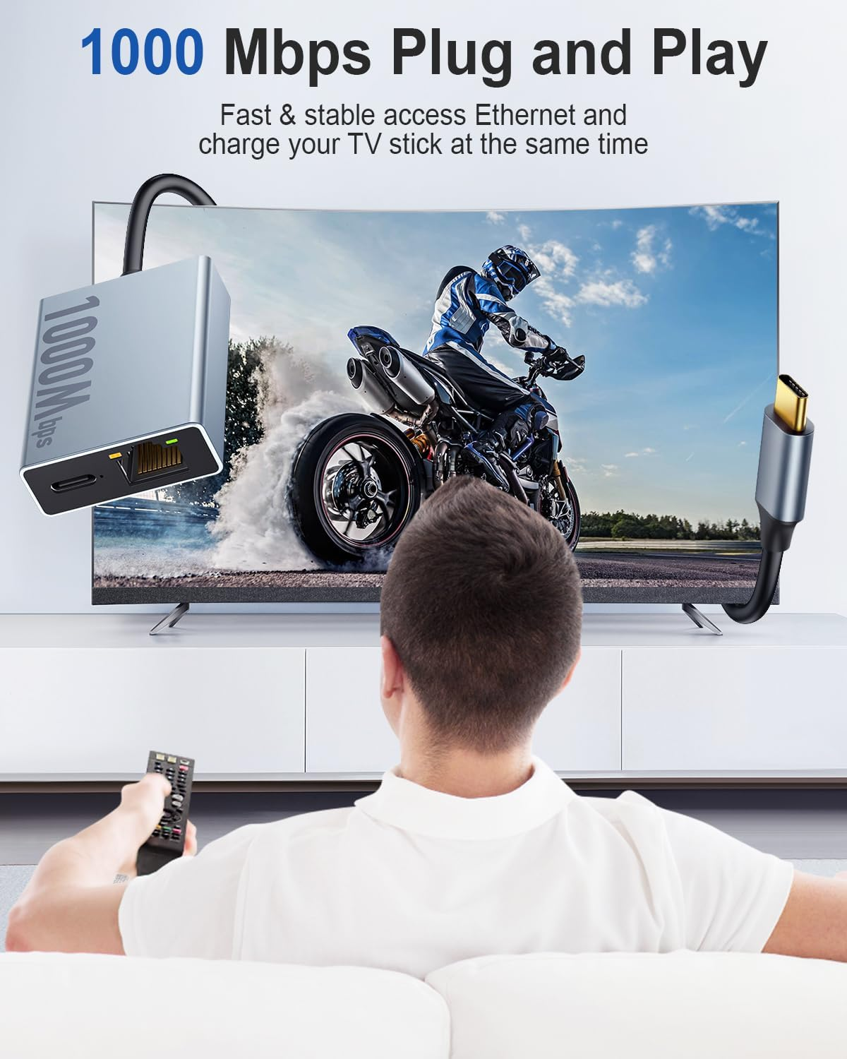 ZEXMTE USB C to Ethernet Adapter for Chromecast with Google TV, USB C to RJ45 1000Mbps Ethernet Network Adapter, Compatible with Chromecast Google TV (HD/4K), Laptop, Tablet - Adhesive Tape Included image number 2