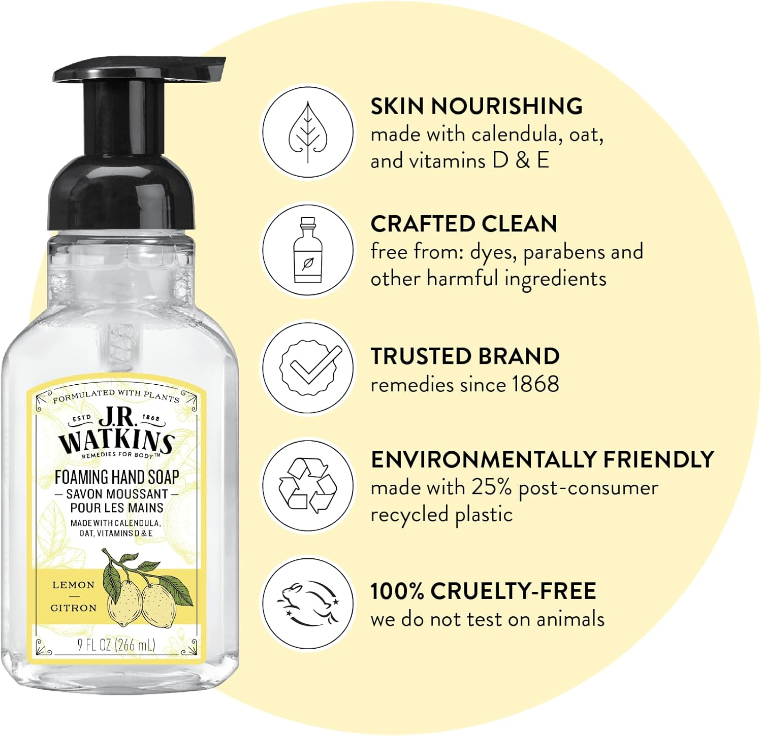 J.R. Watkins Foaming Hand Soap with Pump Dispenser, Moisturizing Foam Hand Wash, All Natural, Alcohol-Free, Cruelty-Free, USA Made, Lemon, 9 Fl Oz, 3 Pack image number 4