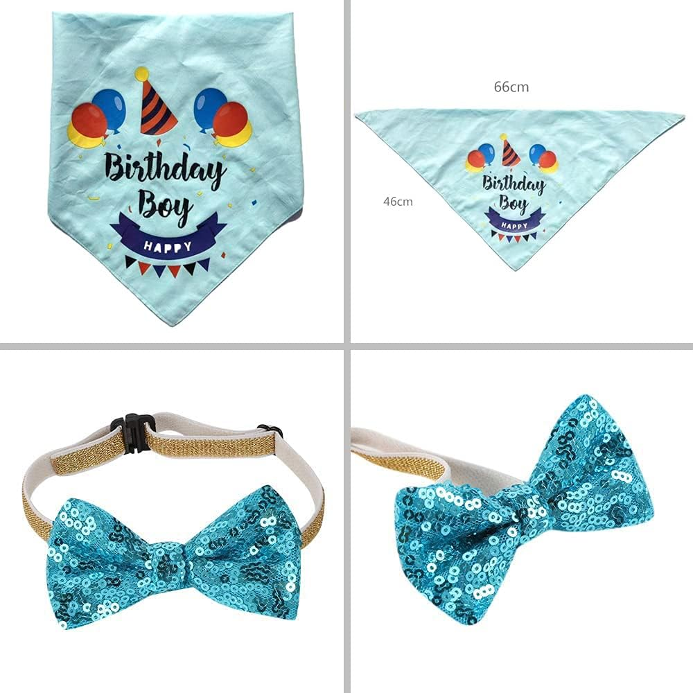DGBAY Dog Birthday Bandana, Hat, Bow Tie & Banner Set - Blue - Cotton - Medium/Small Dogs & Cats - Costume Accessory Set