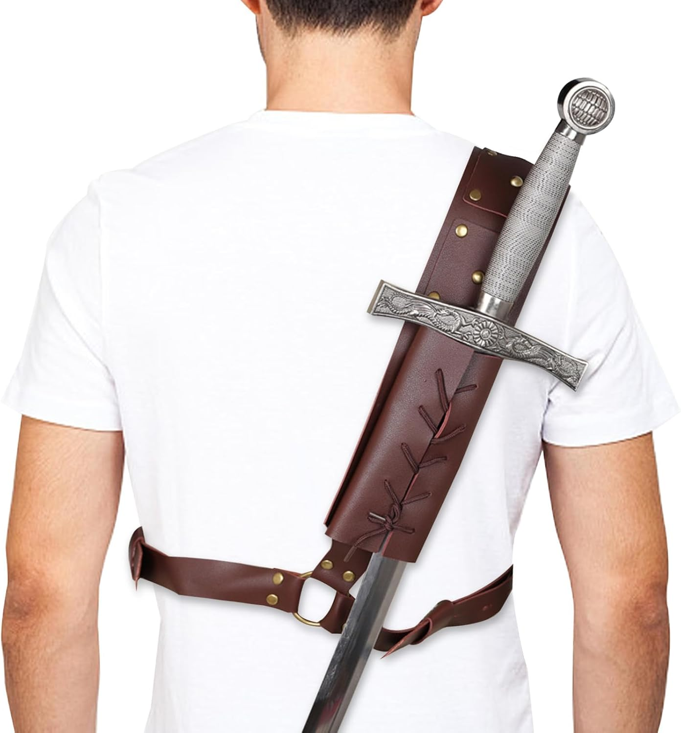 HDBHBH Medieval Sword Back Holster - Leather Shoulder Sheath for Viking Cosplay, Adjustable Sword Belt Frog Holder, Renaissance & Warrior Costume Accessory