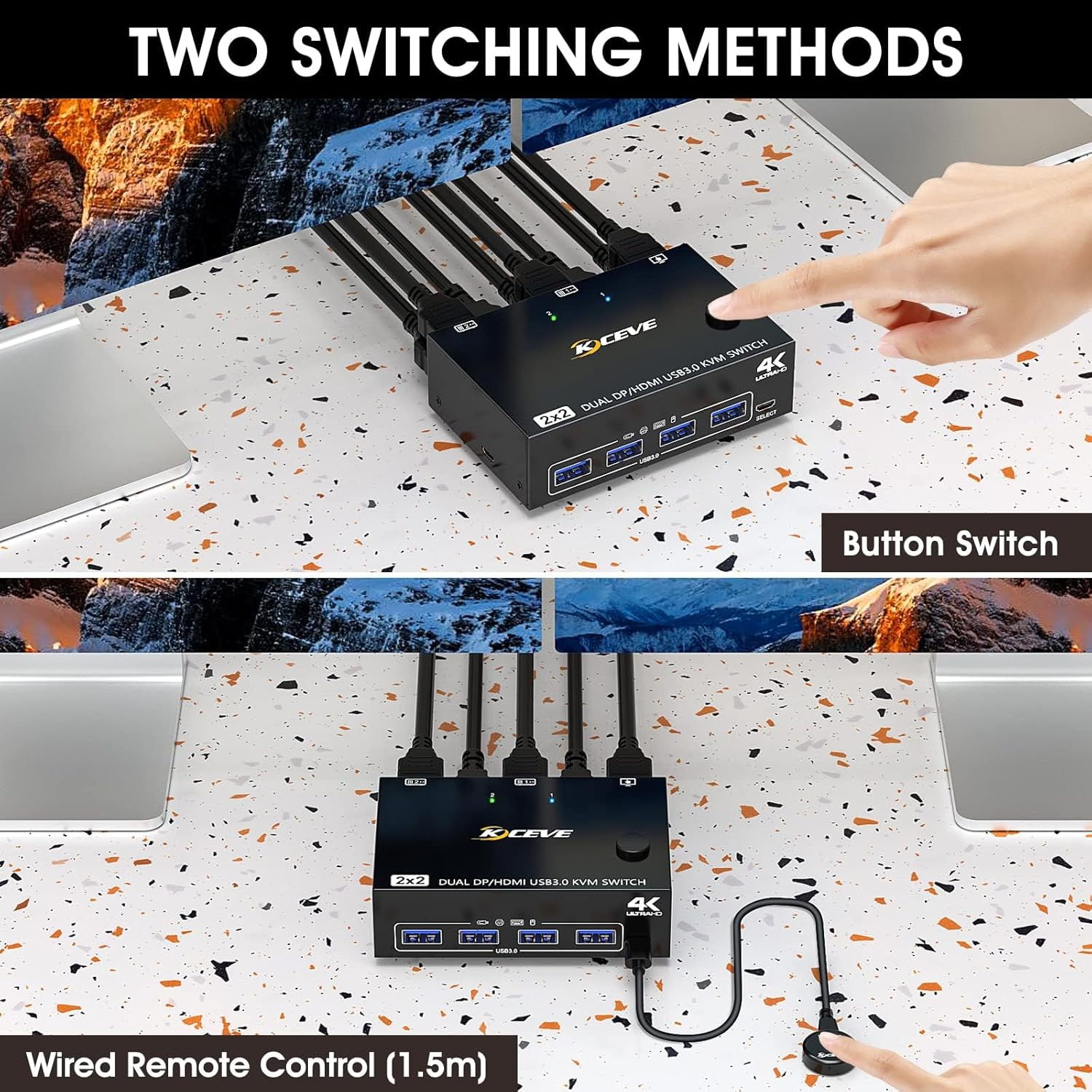 USB 3.0 Dual Monitor KVM Switch Hdmi+Displayport 4K@60Hz,2K@120Hz,Camgeet 2 Monitors 2 Computers KVM Switch for 2 Computer Share 2 Display and 4 USB3.0 Devices.Wired Remote and 4 Cables Included image number 3