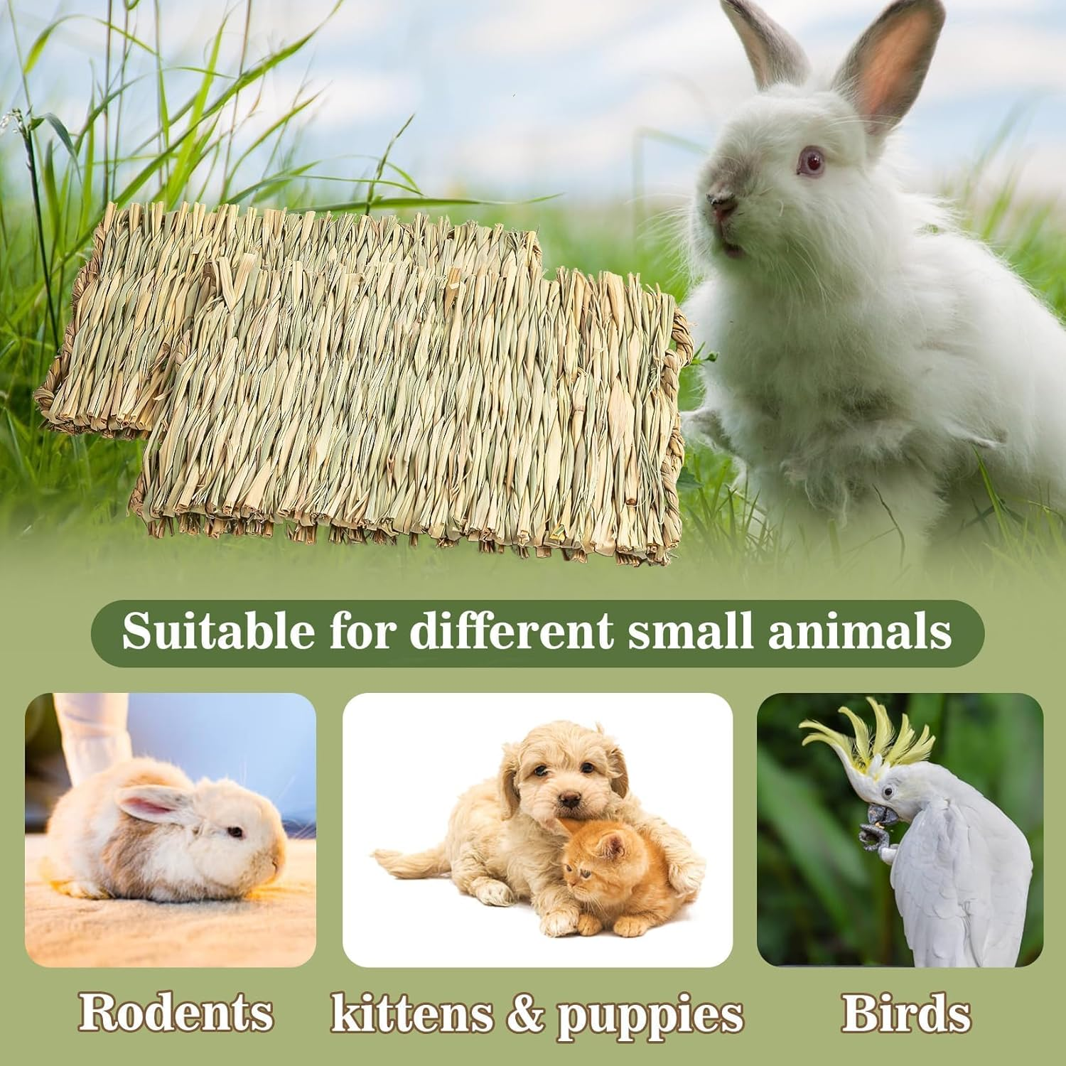 2 PCS Rabbit Grass Mats - Natural Hay Woven Bunny Rabbit Bad Cage Mats Pet Bedding Cooling Sleeping Nesting & Toys for Hamster Bunny Chinchilla Guinea Pig Mouse Bird and Other Small Animal
