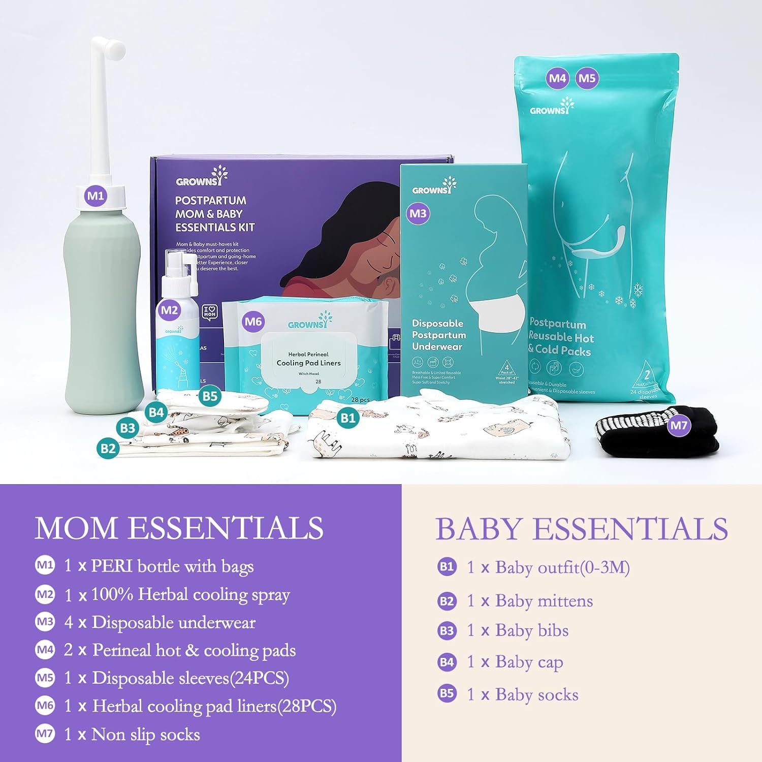 GROWNSY Postpartum Mom & Baby Essential Kits, Recovery Kit for Labor &Delivery with Hospital Essentials Women after Birth, Includes PERI Bottle, Herbal Cooling Spray, Liners &More, White,Blue image number 6