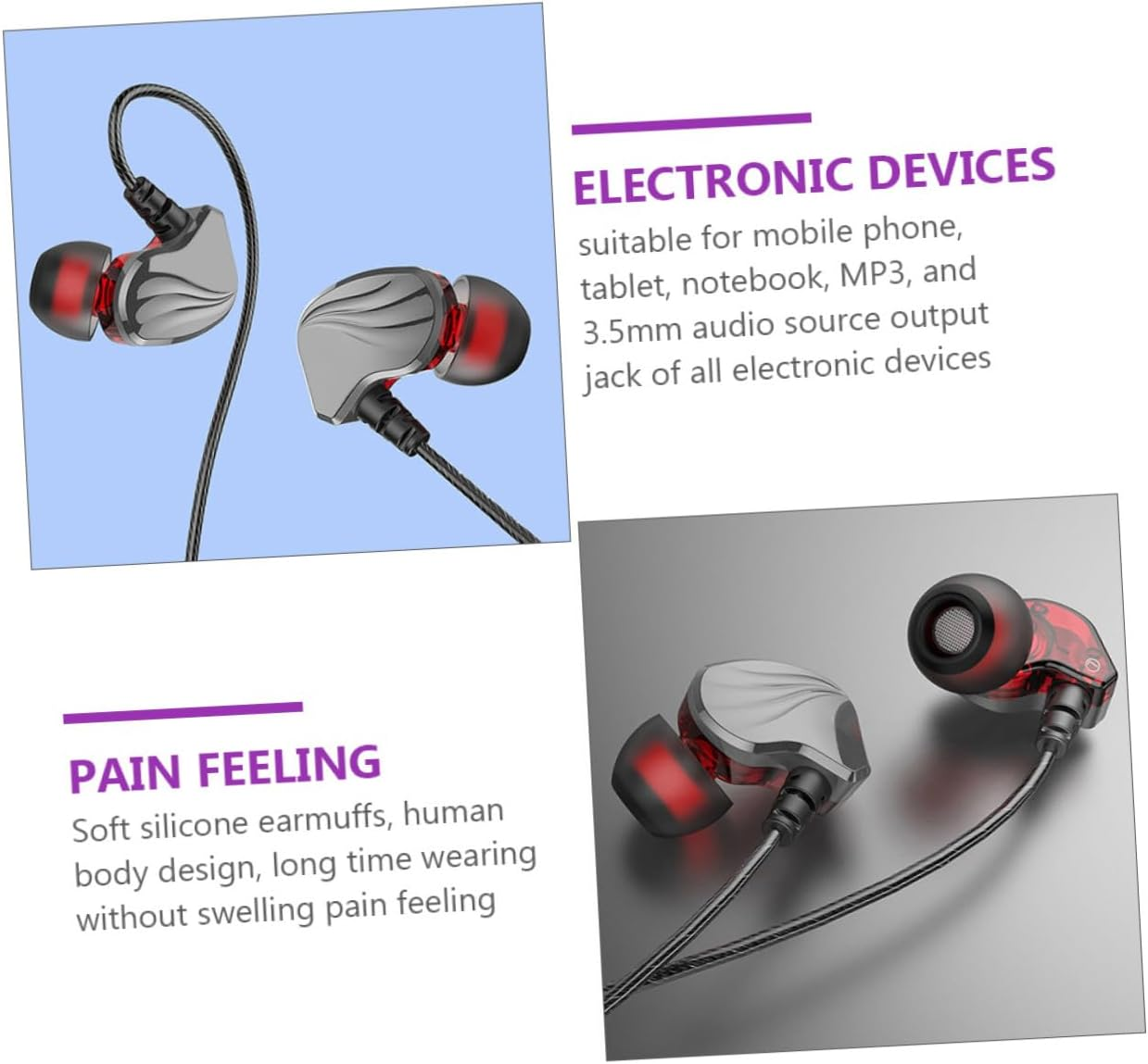 Sewroro Plug In-Ear Earphones Heavy Bass Wired Headset Lightweight Soft Silicone Earmuffs Compatible with Mobile Phones Tablets Computers image number 6